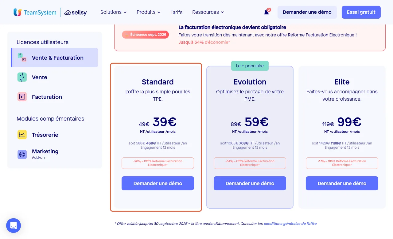 Page des offres de Sellsy, licence Vente & Facturation en paiement annuel : la formule Standard est encadrée, 49 € HT barré et 39 € HT affiché avec l’offre réforme facturation électronique