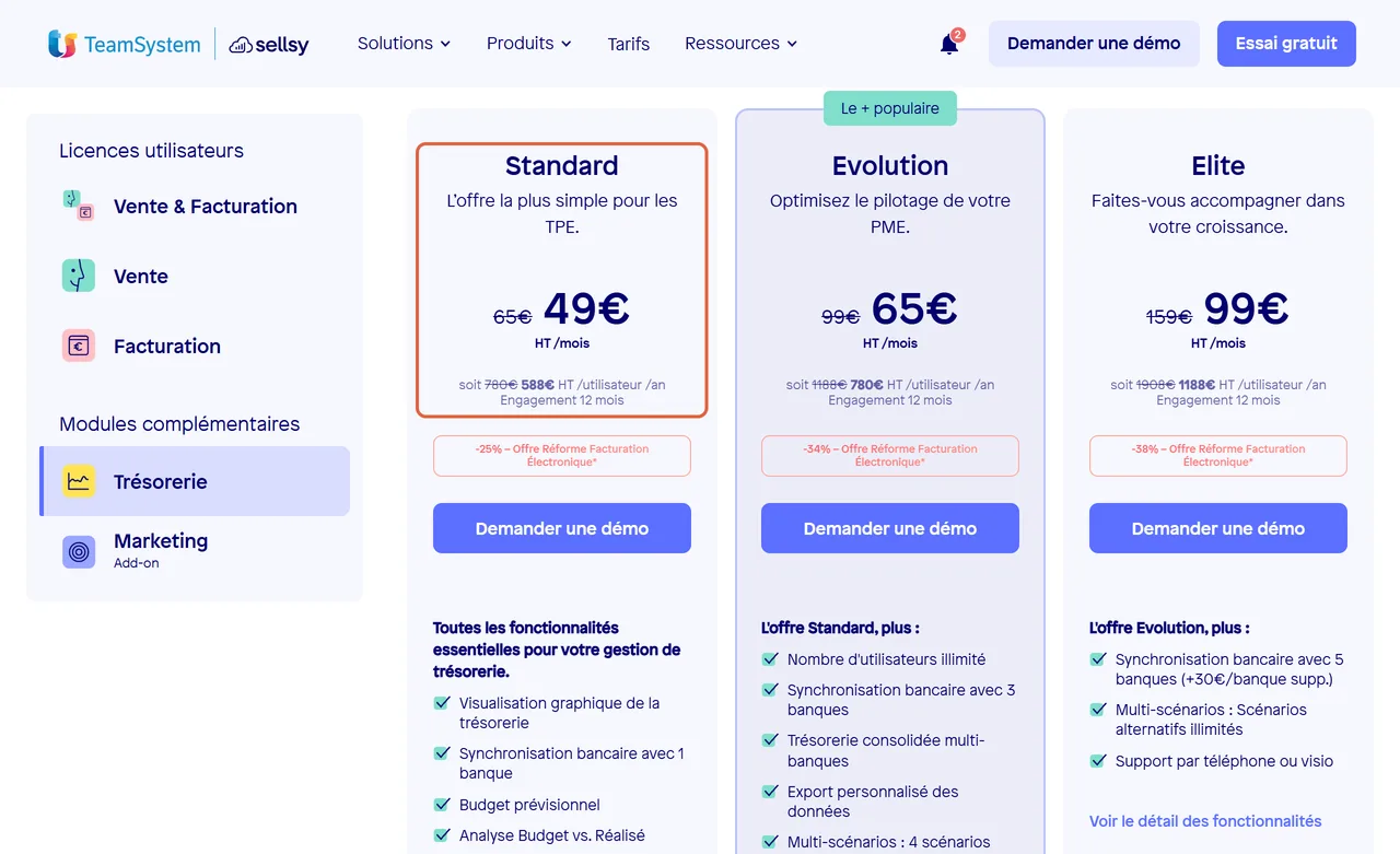 Page des offres de Sellsy, module Trésorerie : la formule Standard est encadrée, 65 € HT par mois barré et 49 € HT affiché avec l’offre réforme facturation électronique