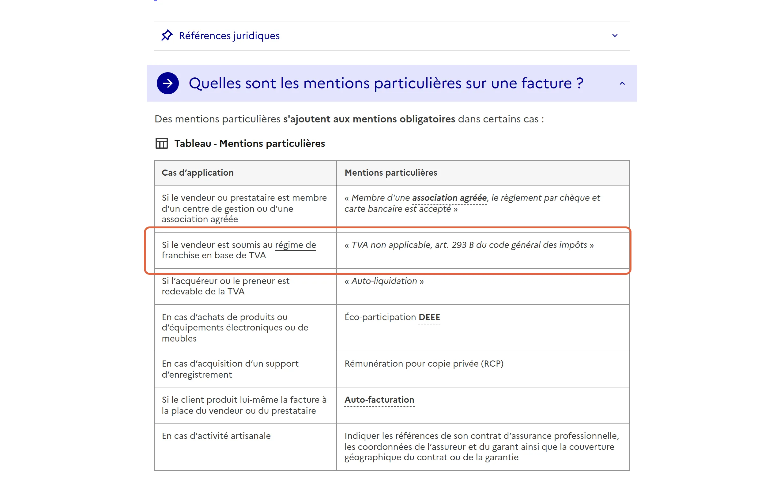 Fiche Mentions obligatoires sur une facture de Service Public Entreprendre : dans le tableau des mentions particulières, la ligne du régime de franchise en base de TVA est encadrée