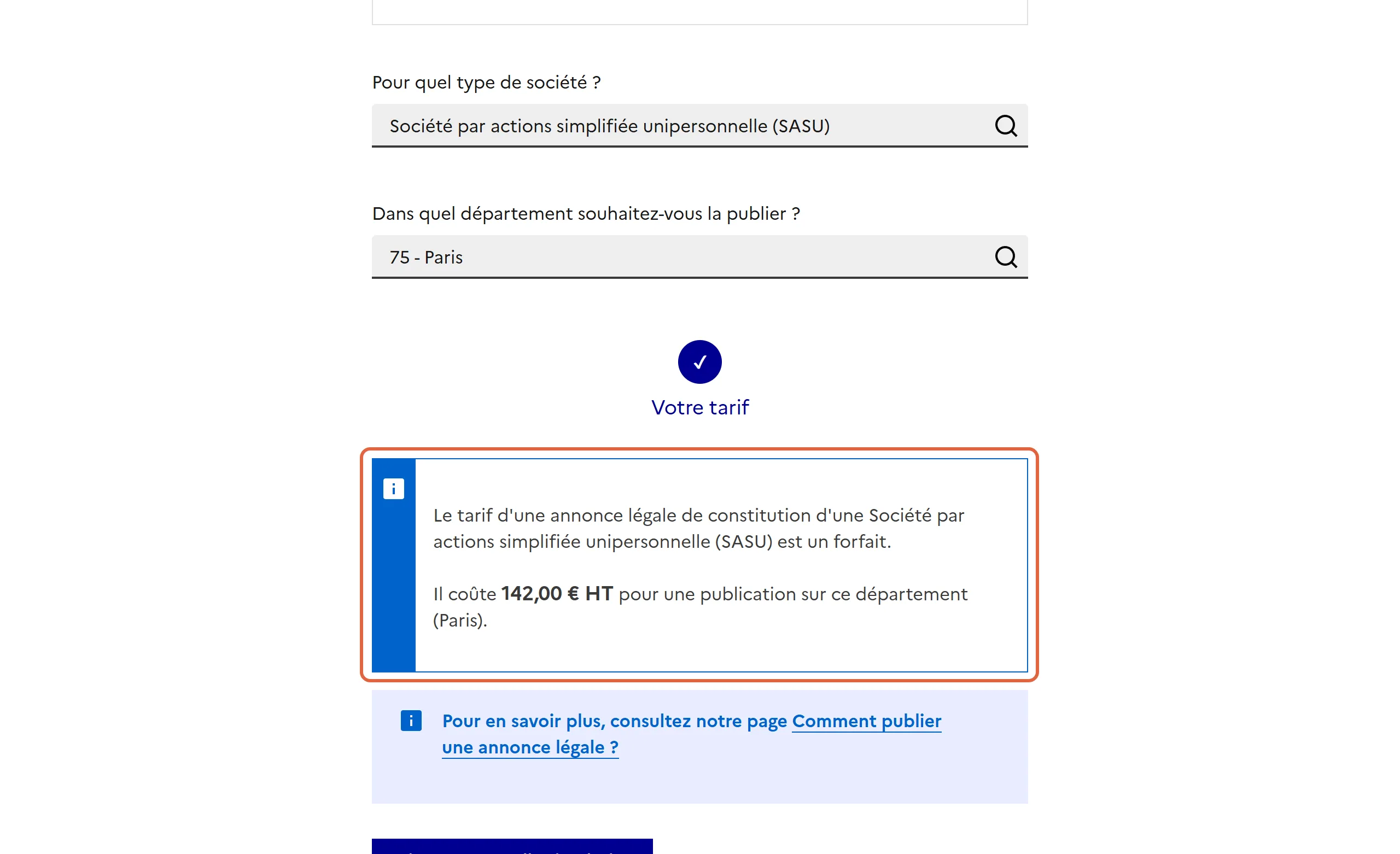 Résultat du simulateur de Service Public pour l’avis de constitution d’une SASU publiée à Paris : le cadre indique un forfait de 142,00 € HT