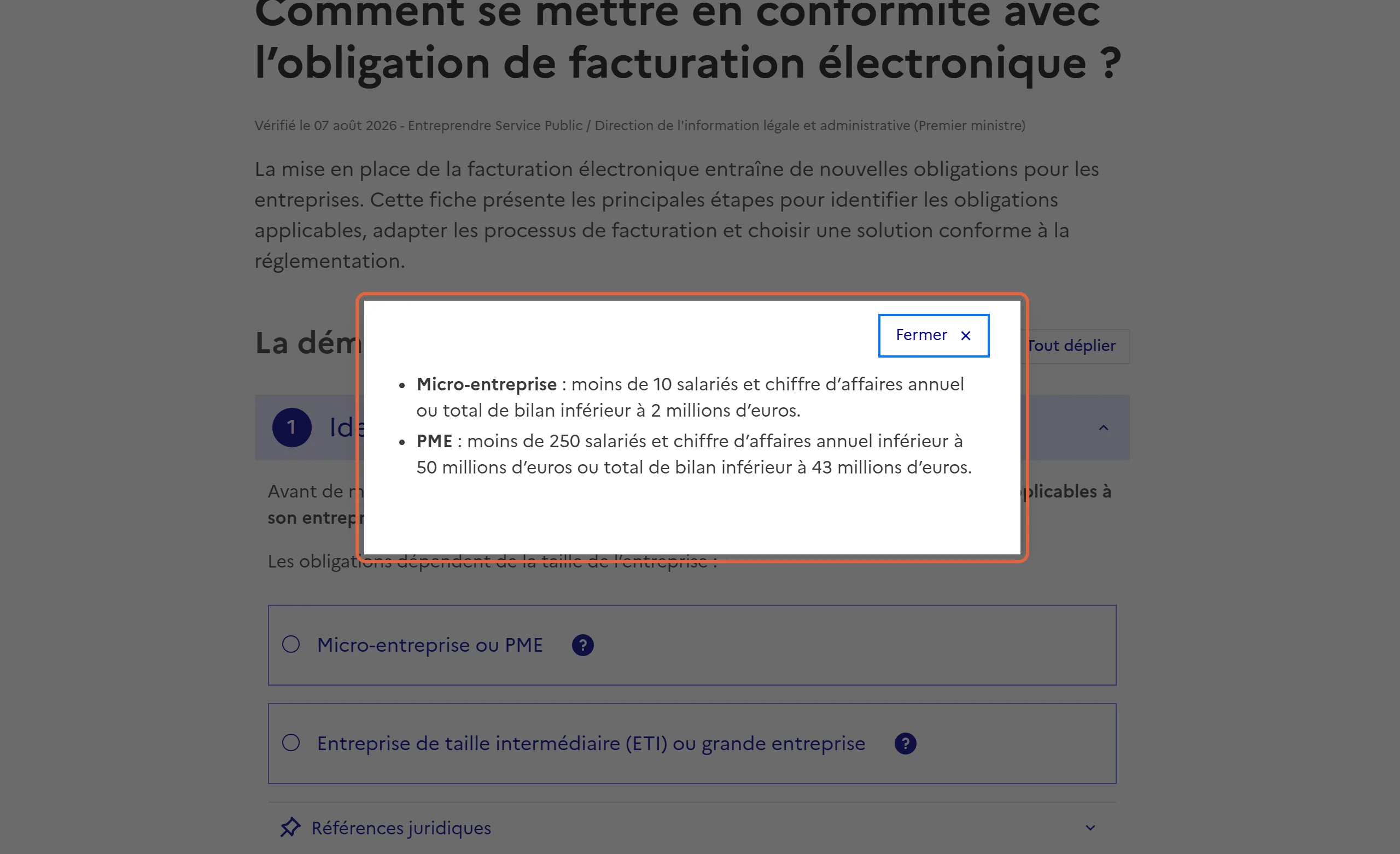 Fiche de Service Public Entreprendre sur la facturation électronique, vérifiée le 07 août 2026 : la fenêtre d’aide encadrée définit la micro-entreprise et la PME par l’effectif, le chiffre d’affaires et le total du bilan