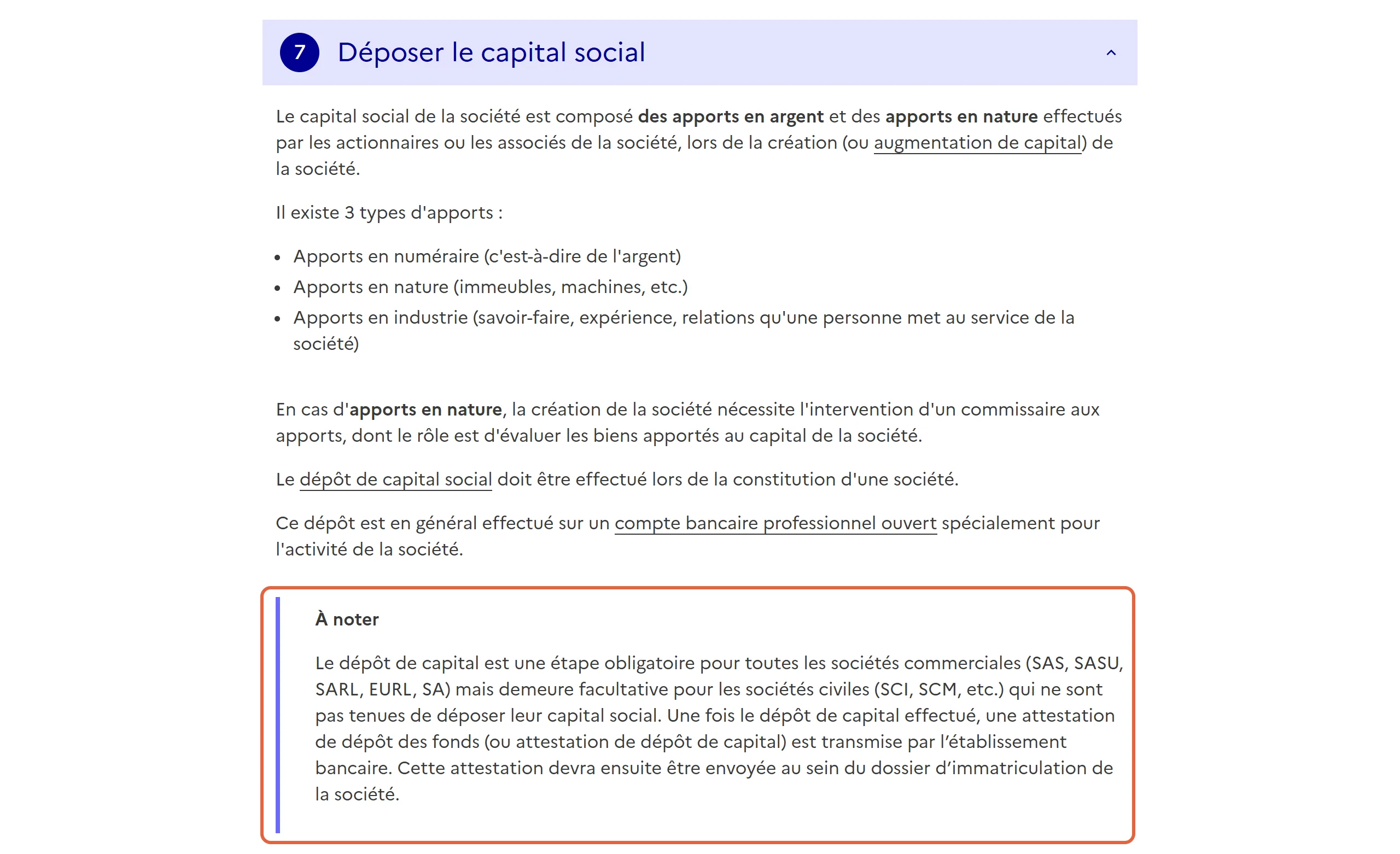 Fiche de Service Public consultée pour savoir comment créer une SCI : à l’étape « Déposer le capital social », l’encadré « À noter » indique que le dépôt de capital est obligatoire pour les sociétés commerciales mais facultatif pour les sociétés civiles comme la SCI