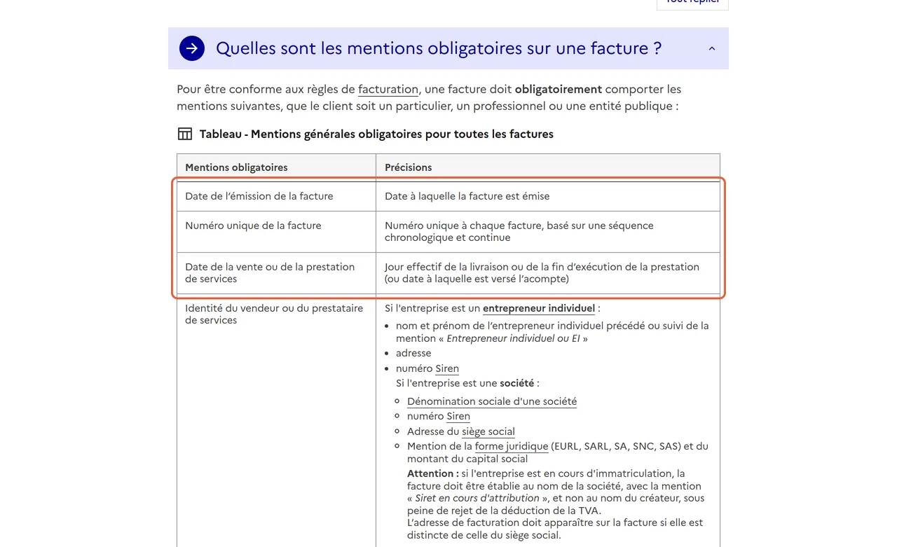 Tableau des mentions obligatoires sur une facture, fiche F31808 de Service Public : les lignes encadrées sont la date d’émission, le numéro unique et la date de la vente ou de la prestation