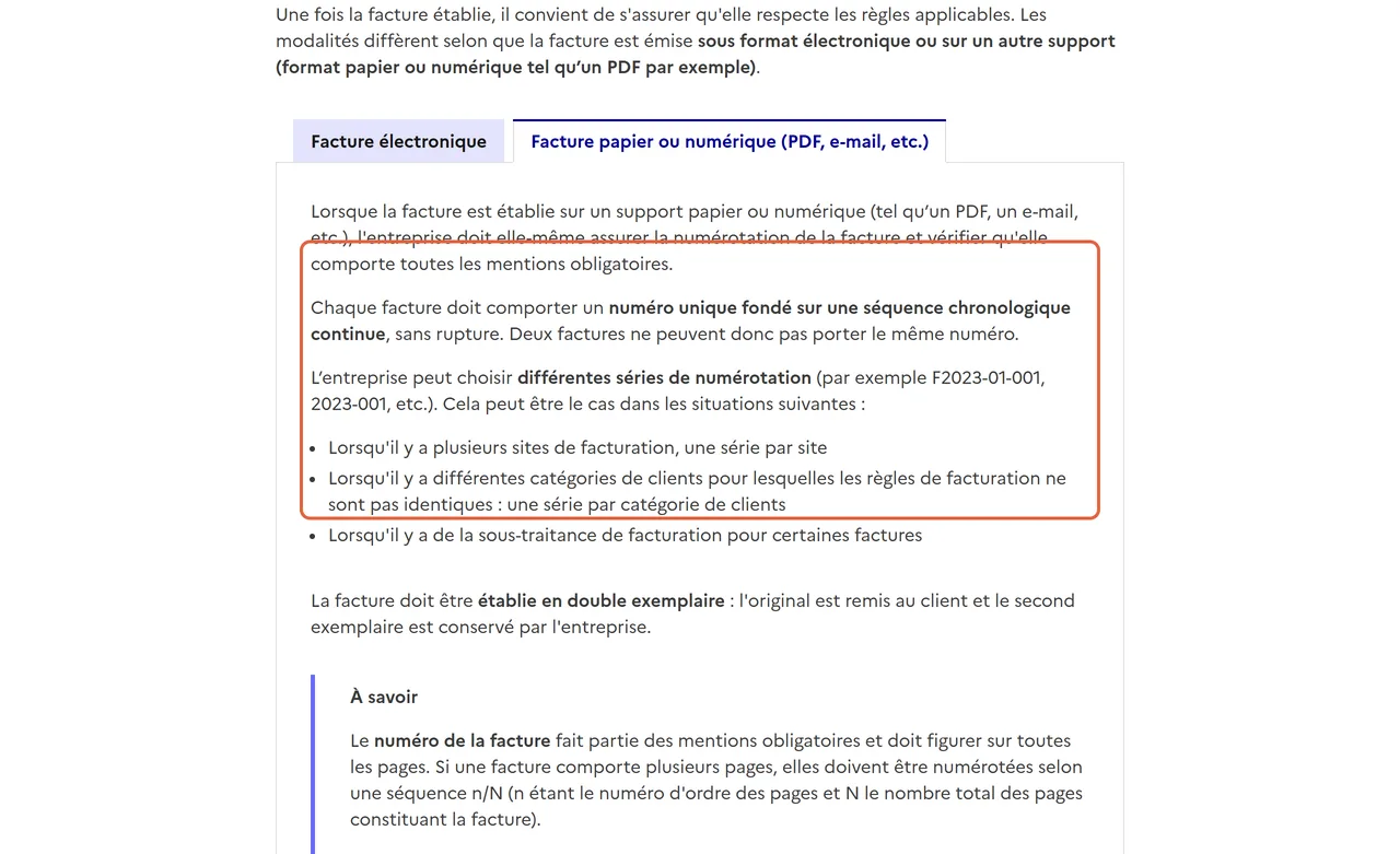 Règle du numéro pour faire une facture, fiche « Tout savoir sur la facturation » de Service Public Entreprendre, onglet facture papier ou numérique : les paragraphes encadrés imposent un numéro unique en séquence continue et autorisent plusieurs séries de numérotation
