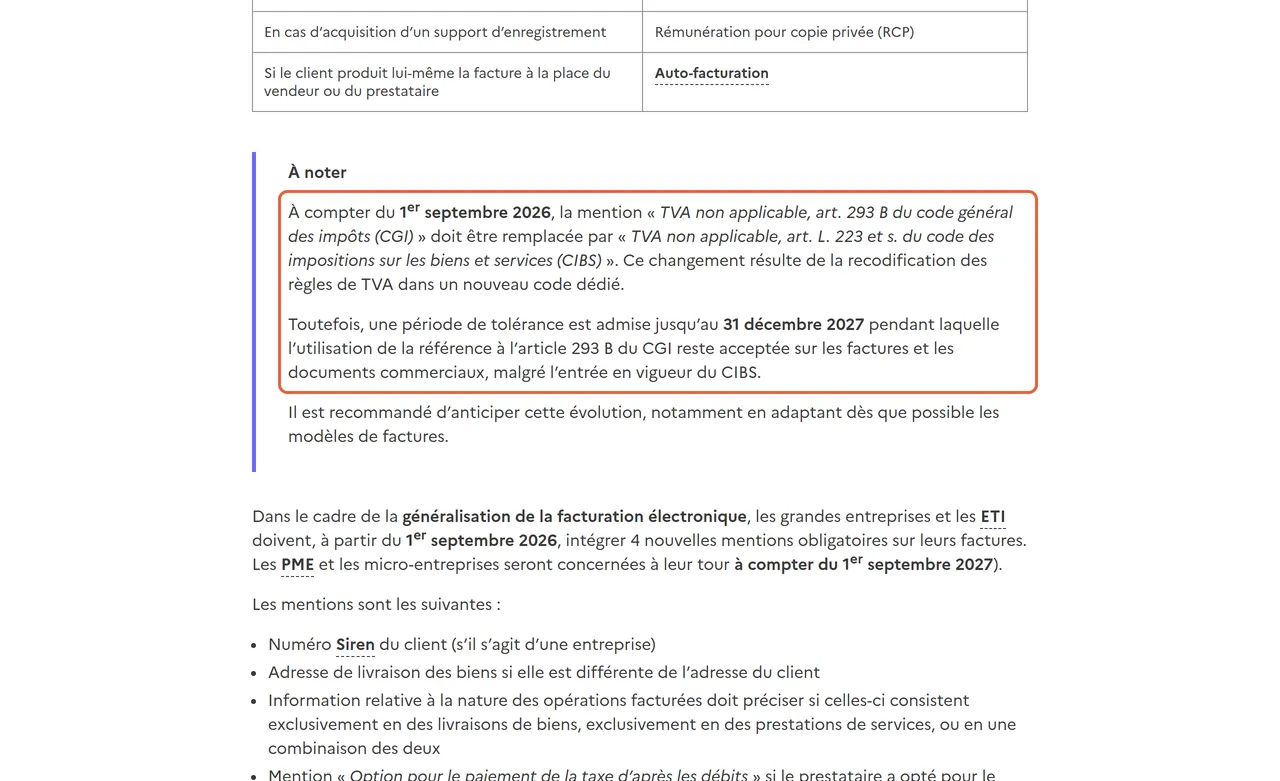 Encadré « À noter » de la fiche Service Public sur la facturation : la mention de franchise passe à l’article L. 223 du code des impositions sur les biens et services, l’article 293 B reste accepté jusqu’au 31 décembre 2027