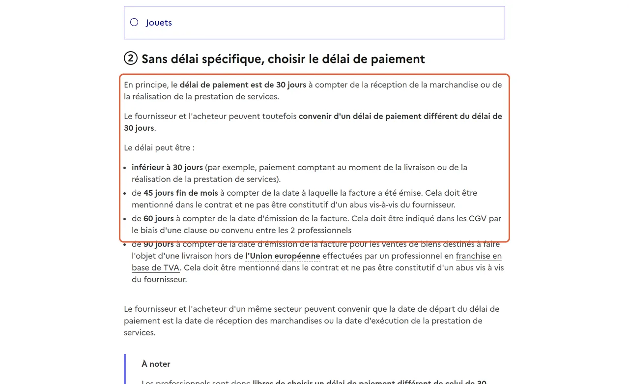 Fiche Service Public sur les délais de paiement entre professionnels : le passage encadré fixe le principe de 30 jours et les délais possibles, 45 jours fin de mois et 60 jours