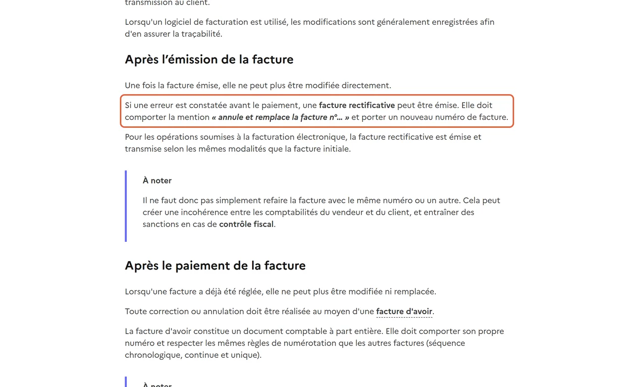 Fiche Service Public sur la facturation, partie « Après l’émission de la facture » : le paragraphe encadré prévoit une facture rectificative avec la mention « annule et remplace la facture n° » et un nouveau numéro