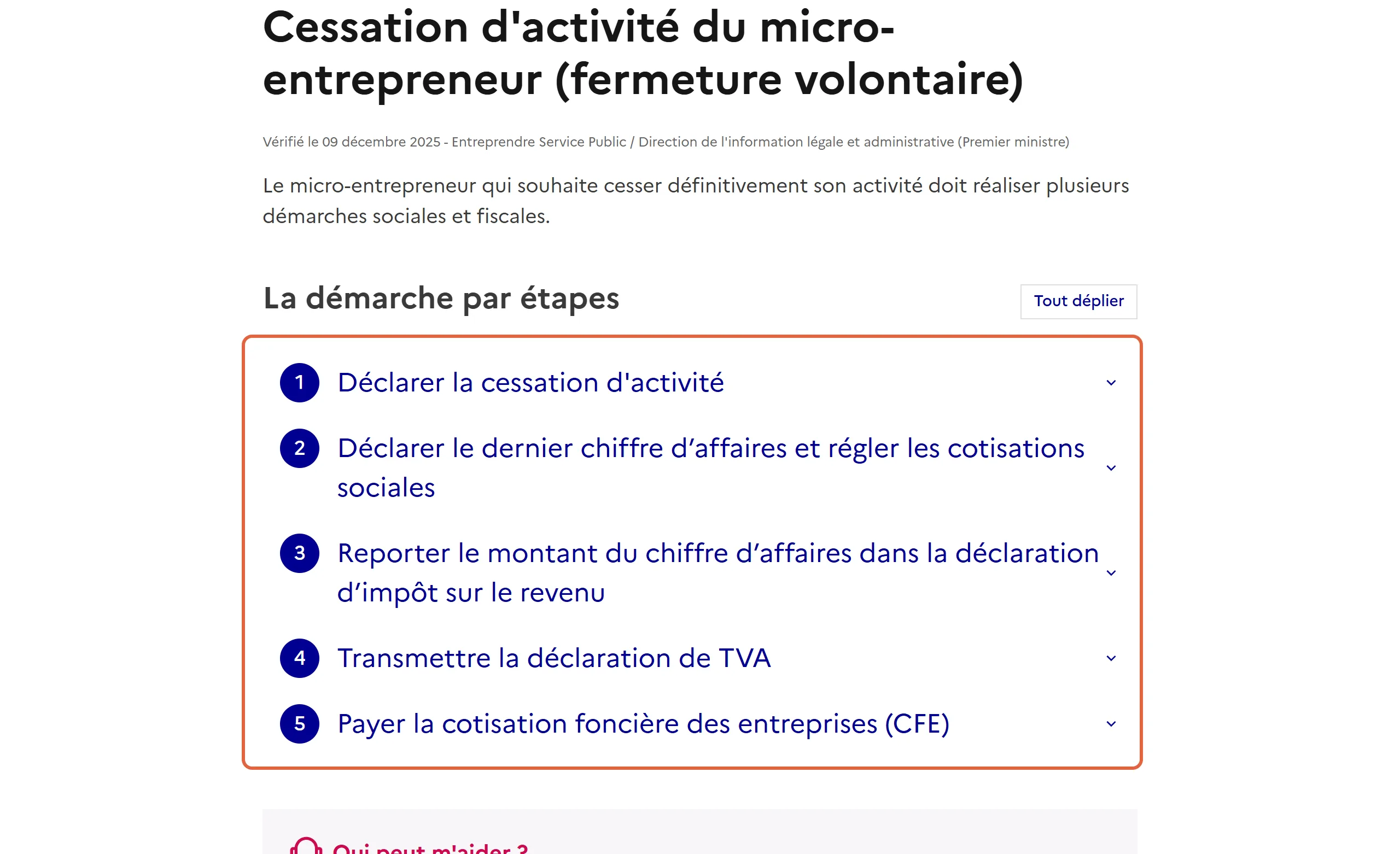 Comment fermer une micro-entreprise selon Service Public Entreprendre : la fiche vérifiée le 9 décembre 2025 liste dans le cadre cinq étapes, de la déclaration de cessation au paiement de la CFE