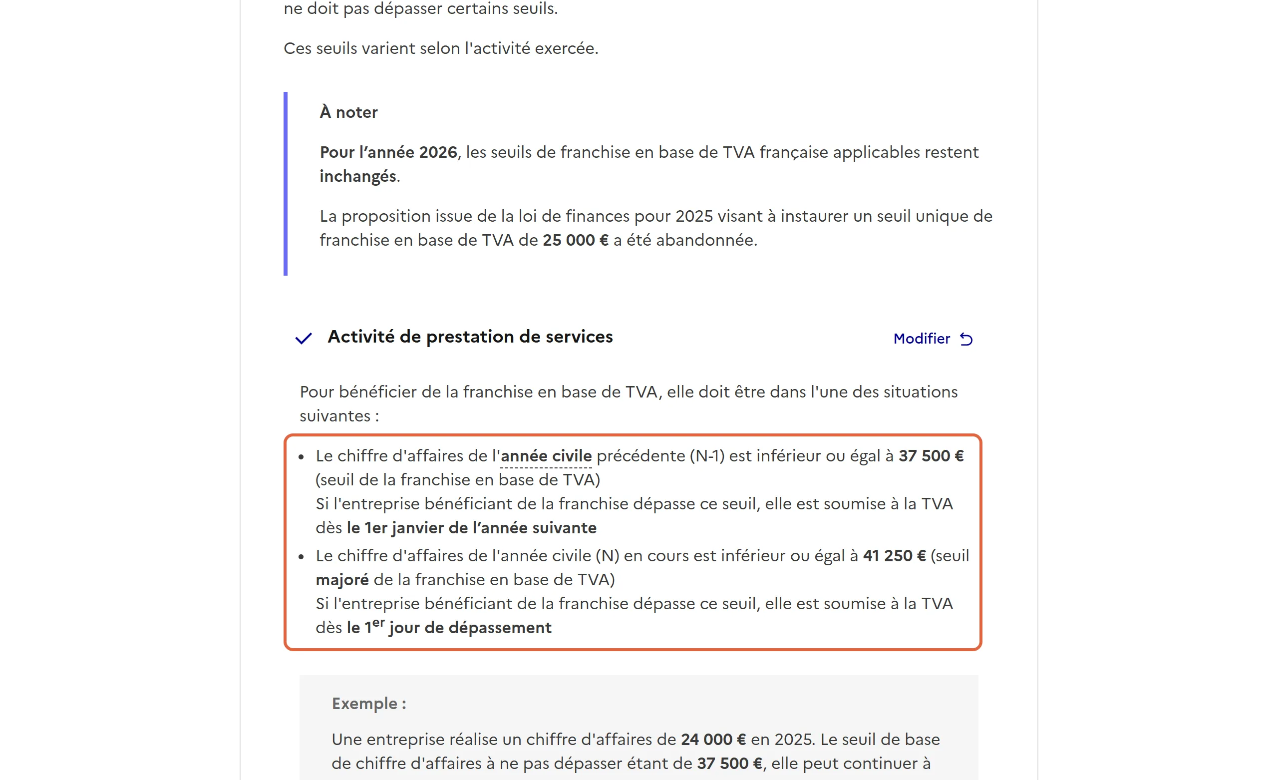 Fiche Franchise en base de TVA de Service Public Entreprendre, cas des prestations de services : la liste encadrée donne le seuil de 37 500 € pour l’année précédente et le seuil majoré de 41 250 € pour l’année en cours