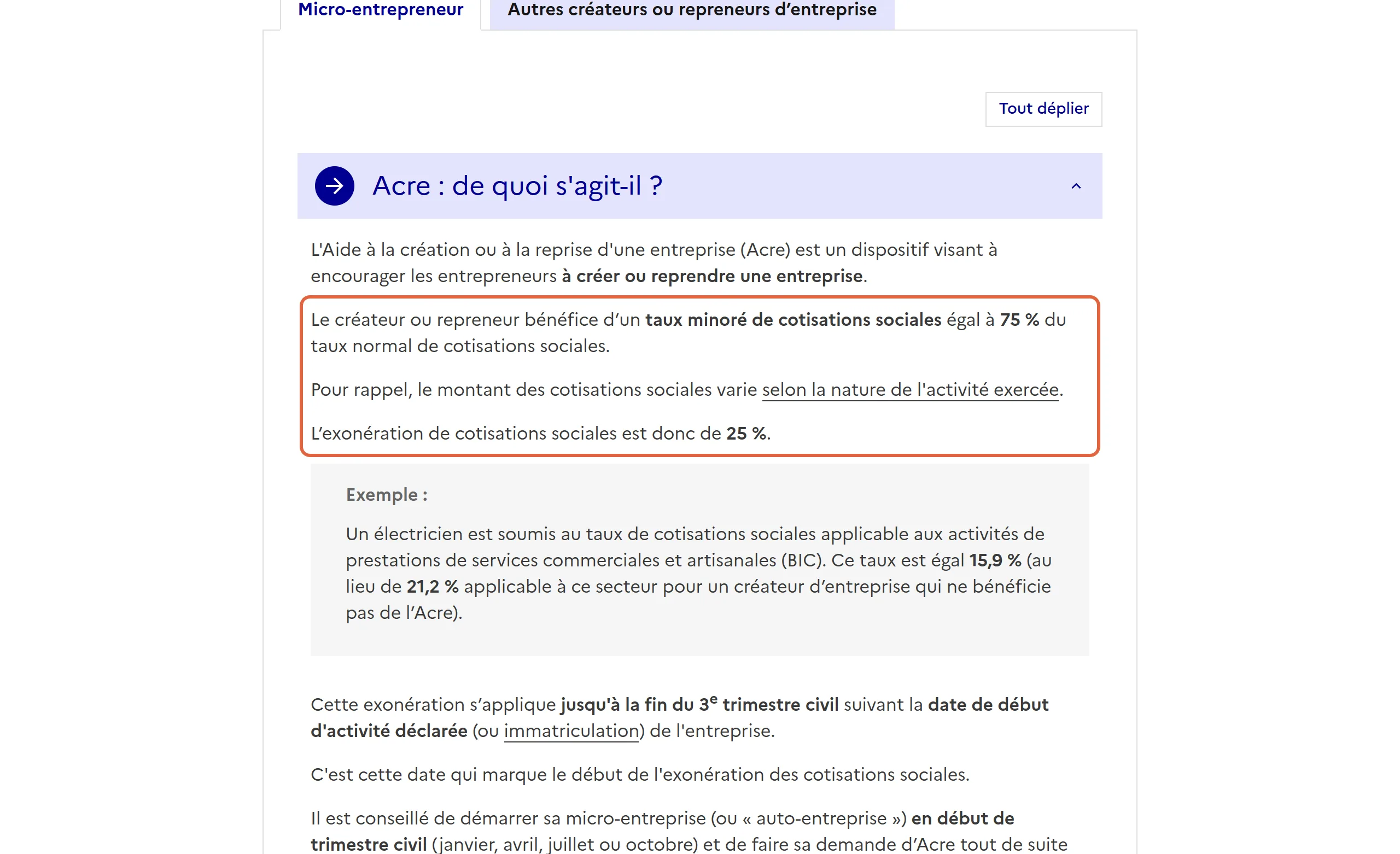 Fiche de Service Public Entreprendre sur l’Acre, onglet micro-entrepreneur : les paragraphes encadrés fixent le taux minoré à 75 % du taux normal, soit une exonération de 25 %