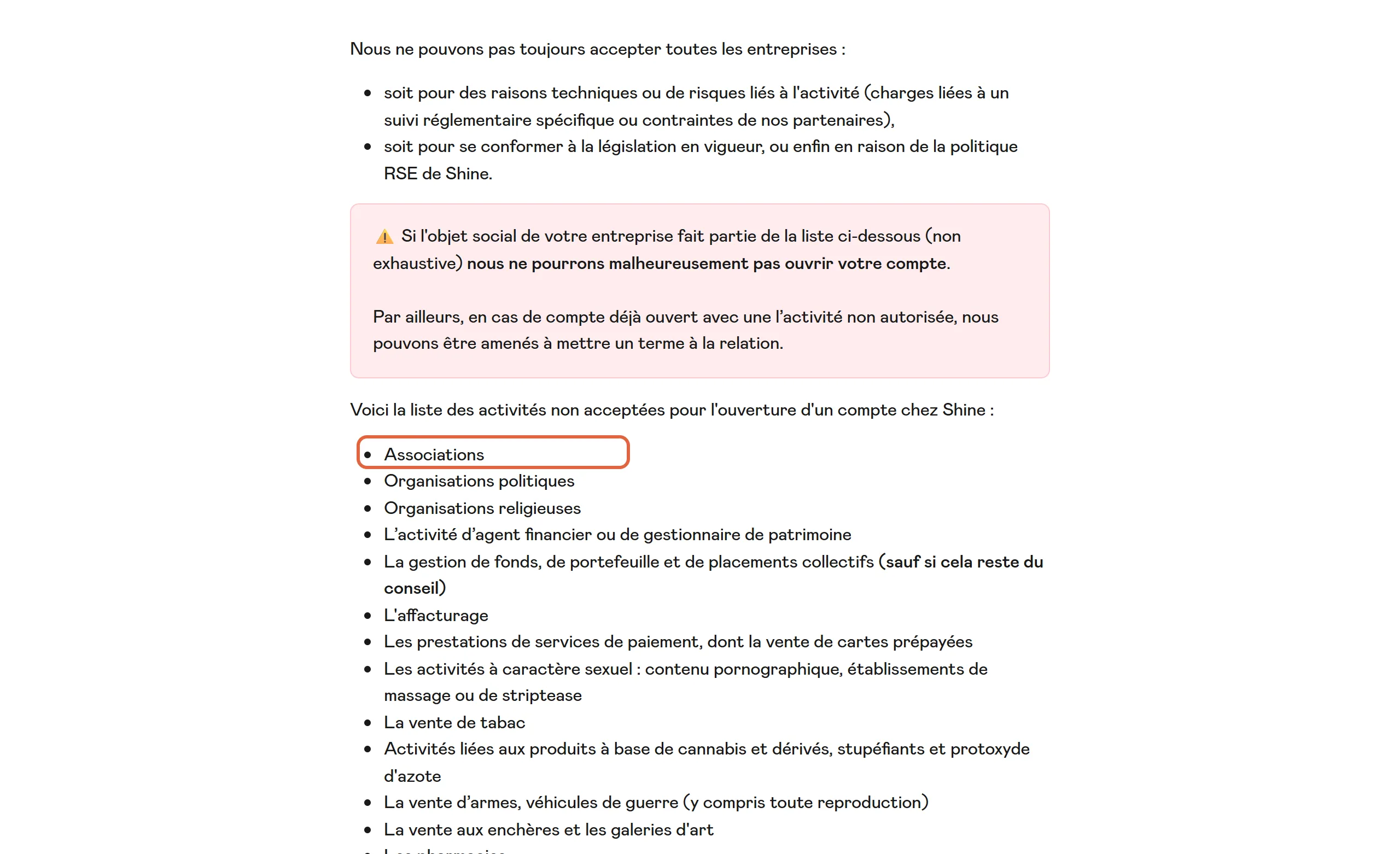 Aide en ligne de Shine : dans la liste des activités non acceptées pour ouvrir un compte, la ligne « Associations » est encadrée