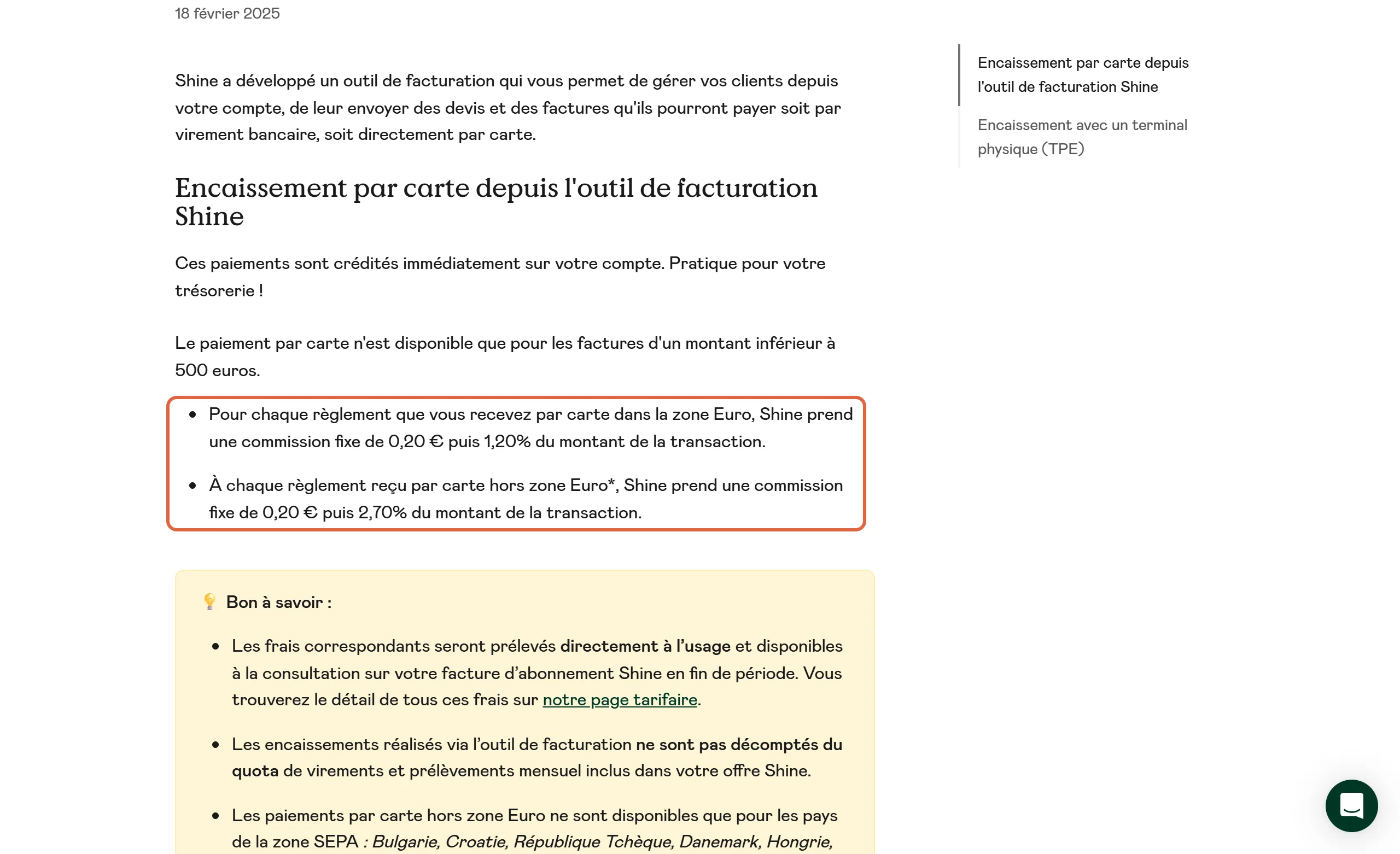 Article d'aide de Shine sur le paiement des factures par carte : les deux commissions sont encadrées, 0,20 € plus 1,20 % en zone euro et 0,20 € plus 2,70 % hors zone euro