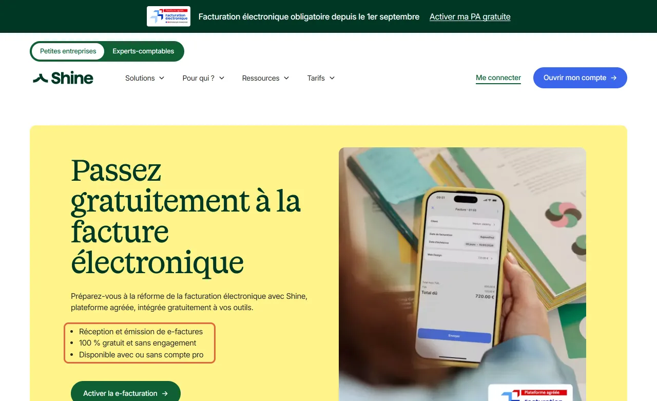 Page facturation électronique de Shine : les trois lignes Réception et émission de e-factures, 100 % gratuit et sans engagement, Disponible avec ou sans compte pro sont encadrées