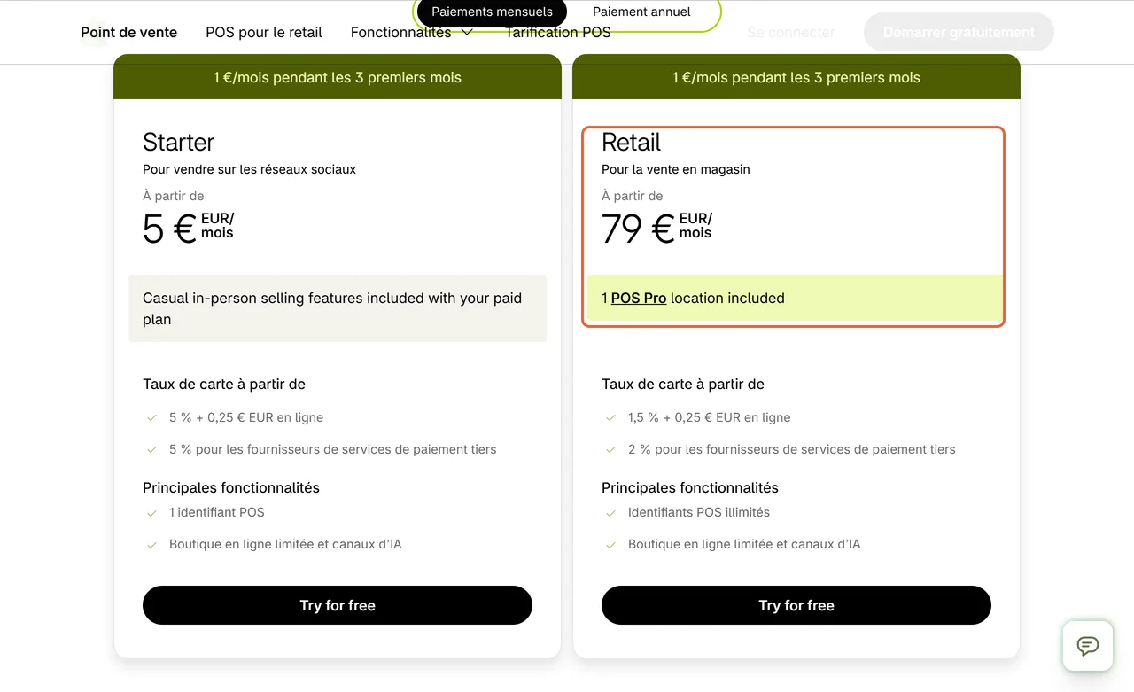 Page des tarifs de Shopify POS : le forfait Retail à 79 € par mois, pour la vente en magasin, avec un point de vente POS Pro inclus, est encadré