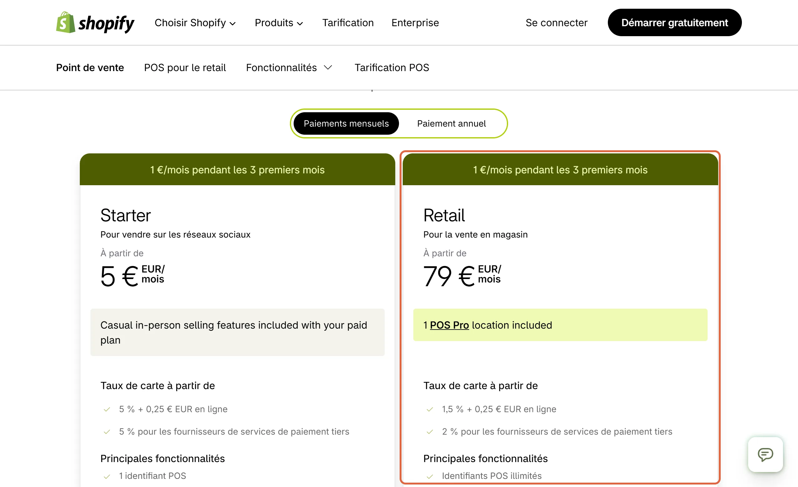 Page de tarifs Shopify POS en France : la carte du forfait Retail à 79 € EUR par mois, avec un point de vente POS Pro inclus, est encadrée à côté du forfait Starter