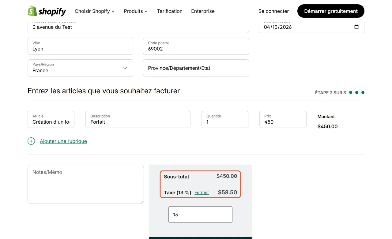 Formulaire du générateur de factures de Shopify rempli en français : le sous-total s'affiche en dollars et la taxe préréglée à 13 % est encadrée