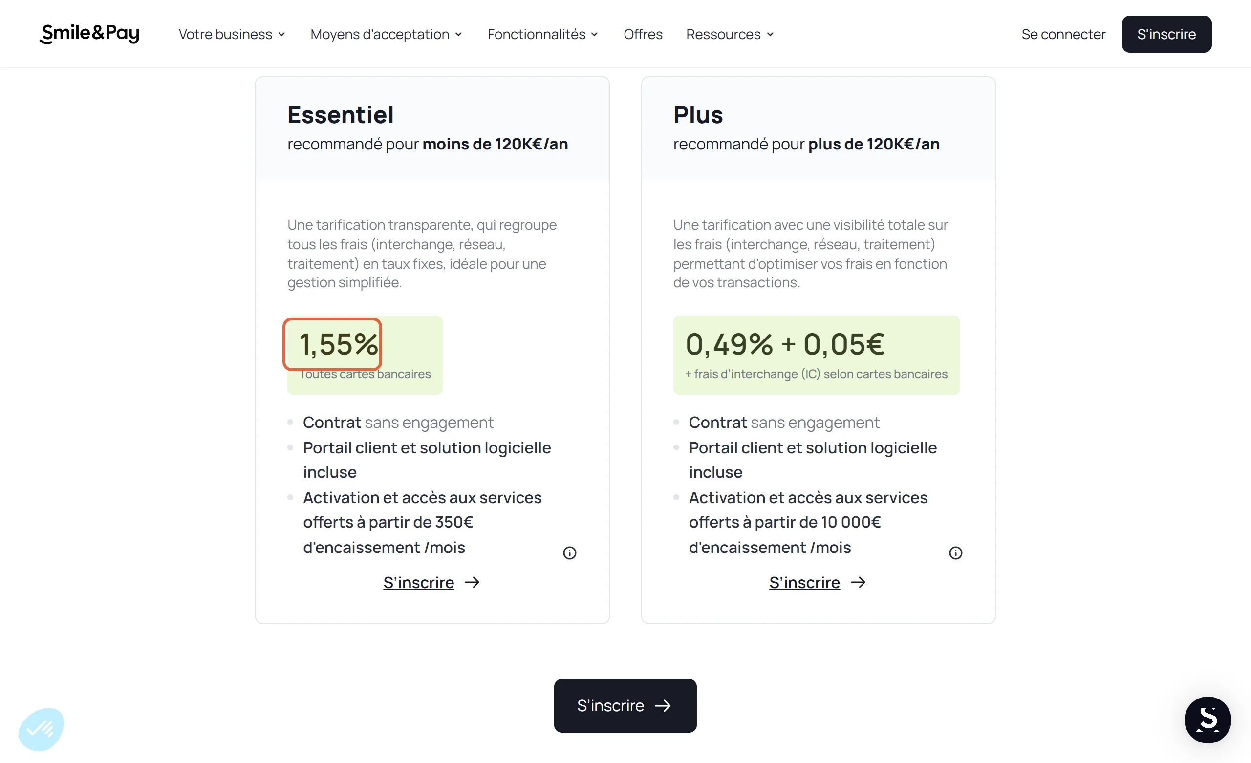 Page des offres de Smile&Pay : dans la colonne Essentiel, le taux de 1,55 % toutes cartes bancaires est encadré, à côté de l'offre Plus à 0,49 % + 0,05 €
