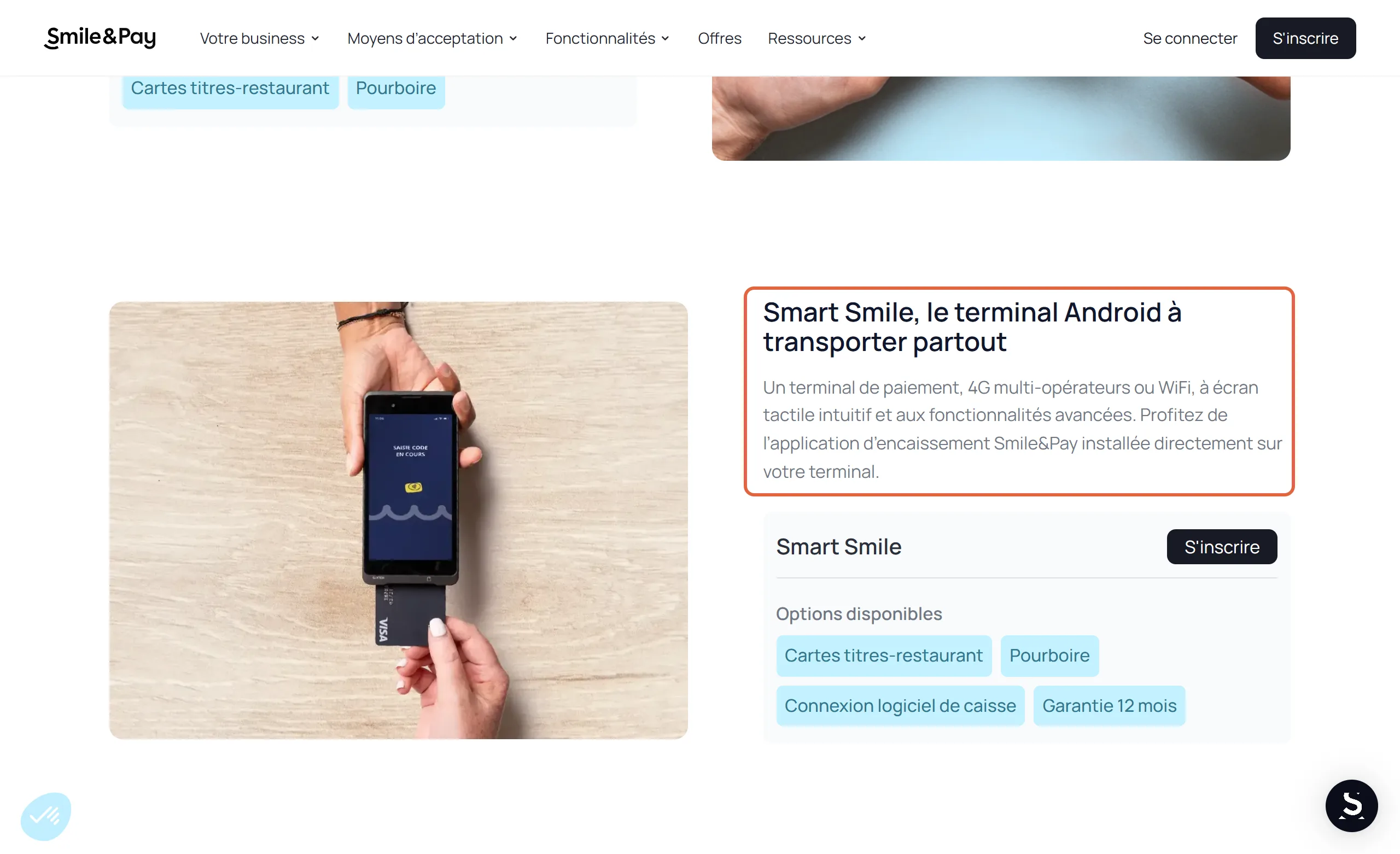 Page Encaisser en mobilité de Smile&Pay : la présentation du Smart Smile, terminal Android en 4G multi-opérateurs ou WiFi, est encadrée