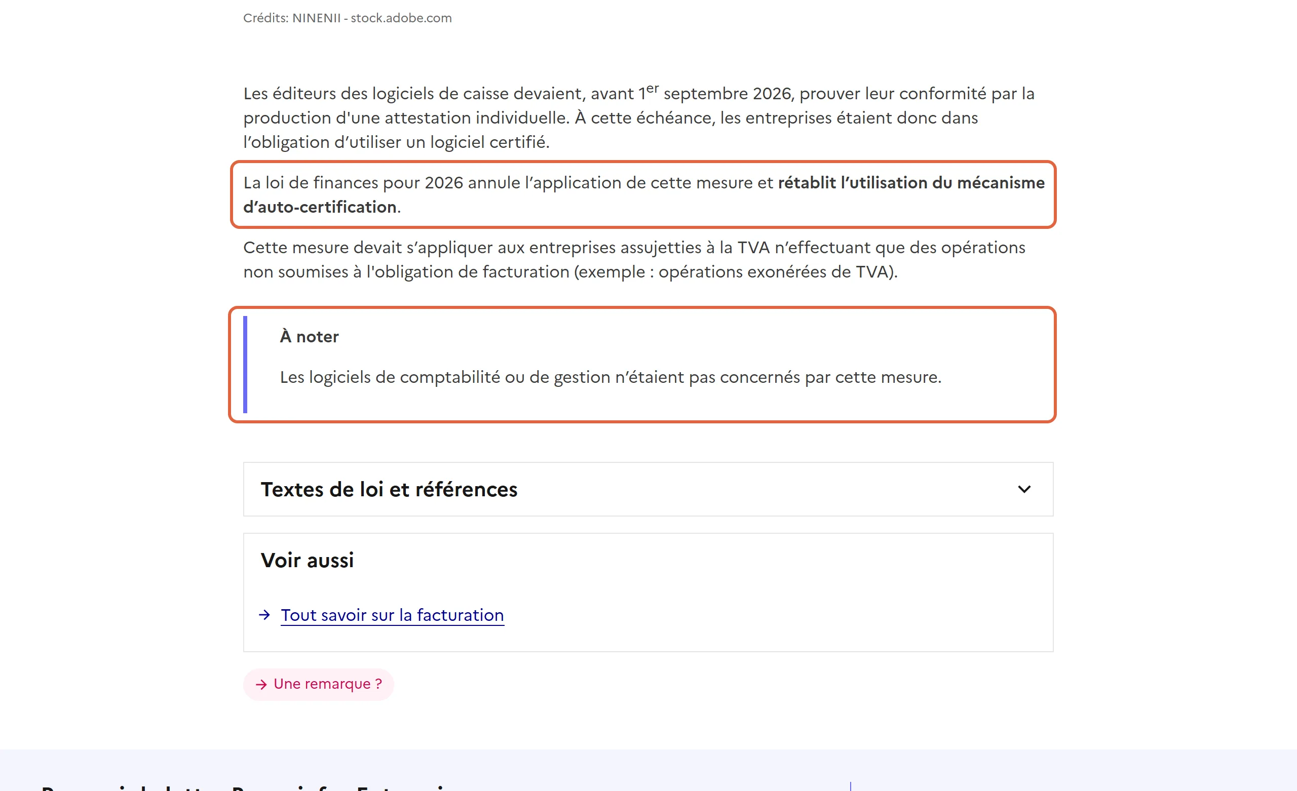 Actualité de Service Public Entreprendre du 24/02/2026 sur le rétablissement des logiciels de caisse auto-certifiés : deux passages encadrés, le rétablissement par la loi de finances pour 2026 et la précision que les logiciels de comptabilité ou de gestion n’étaient pas concernés
