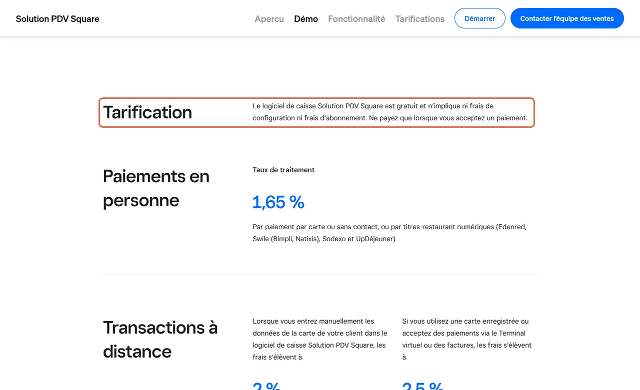 Page des tarifs de la Solution PDV Square : la phrase indiquant que le logiciel de caisse est gratuit, sans frais de configuration ni d'abonnement, est encadrée au-dessus du taux de 1,65 %