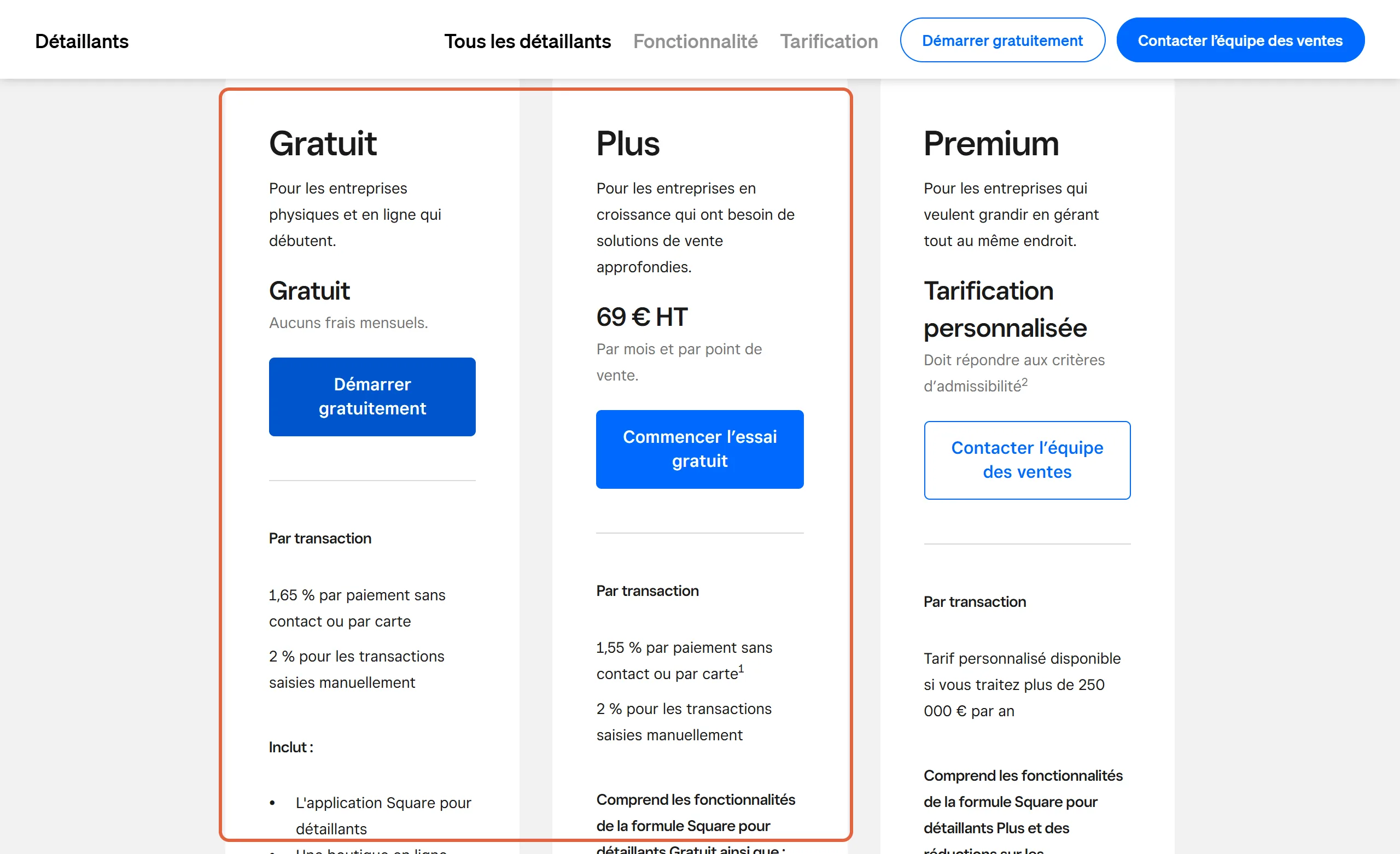 Page Square pour détaillants : les formules Gratuit, sans frais mensuels, et Plus, à 69 € HT par mois et par point de vente, sont encadrées à côté de la formule Premium