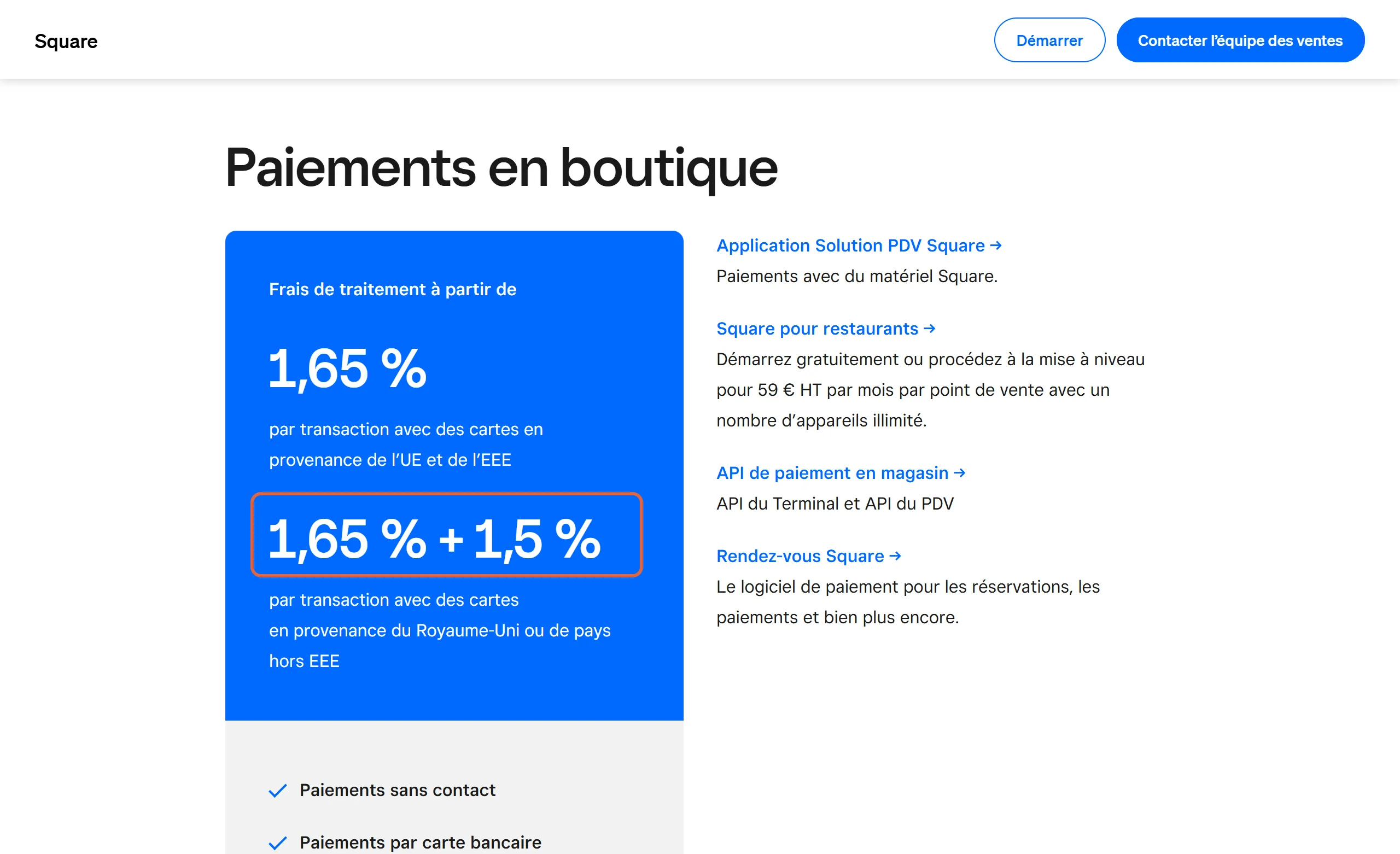 Page des tarifs Square, section Paiements en boutique : le taux de 1,65 % par transaction avec des cartes de l'UE et de l'EEE est encadré