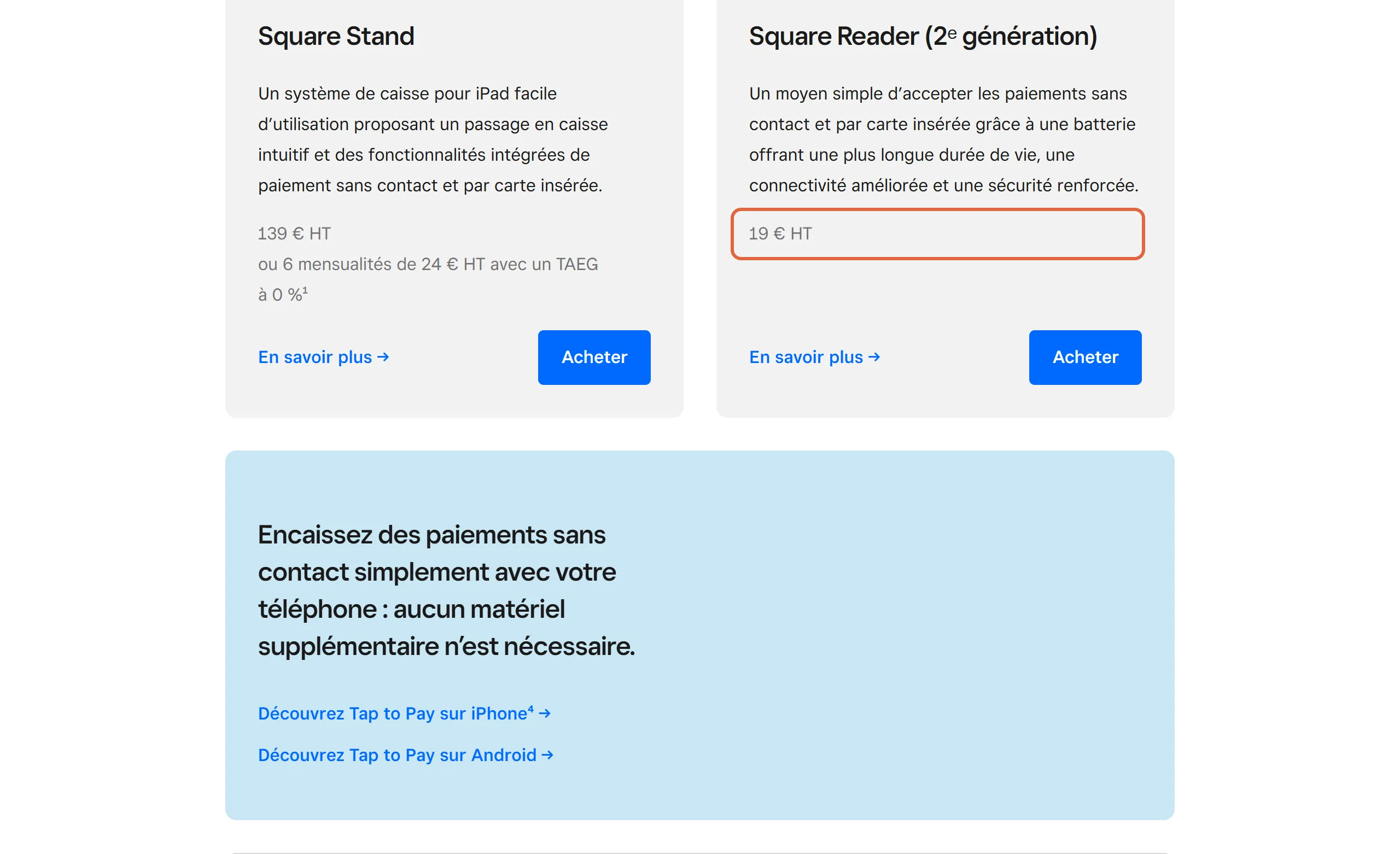 Page du matériel Square : la carte du Square Reader de deuxième génération, affiché à 19 € HT, est encadrée à côté du Square Stand