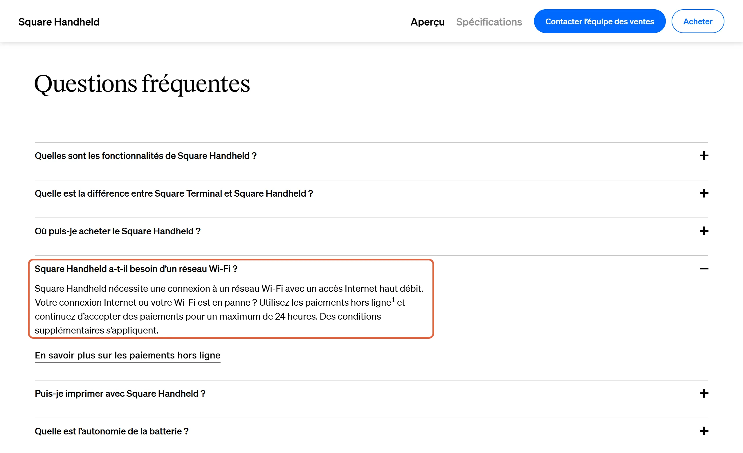 FAQ du Square Handheld : la réponse indiquant qu'il nécessite un réseau Wi-Fi, avec des paiements hors ligne pendant 24 heures au plus, est encadrée