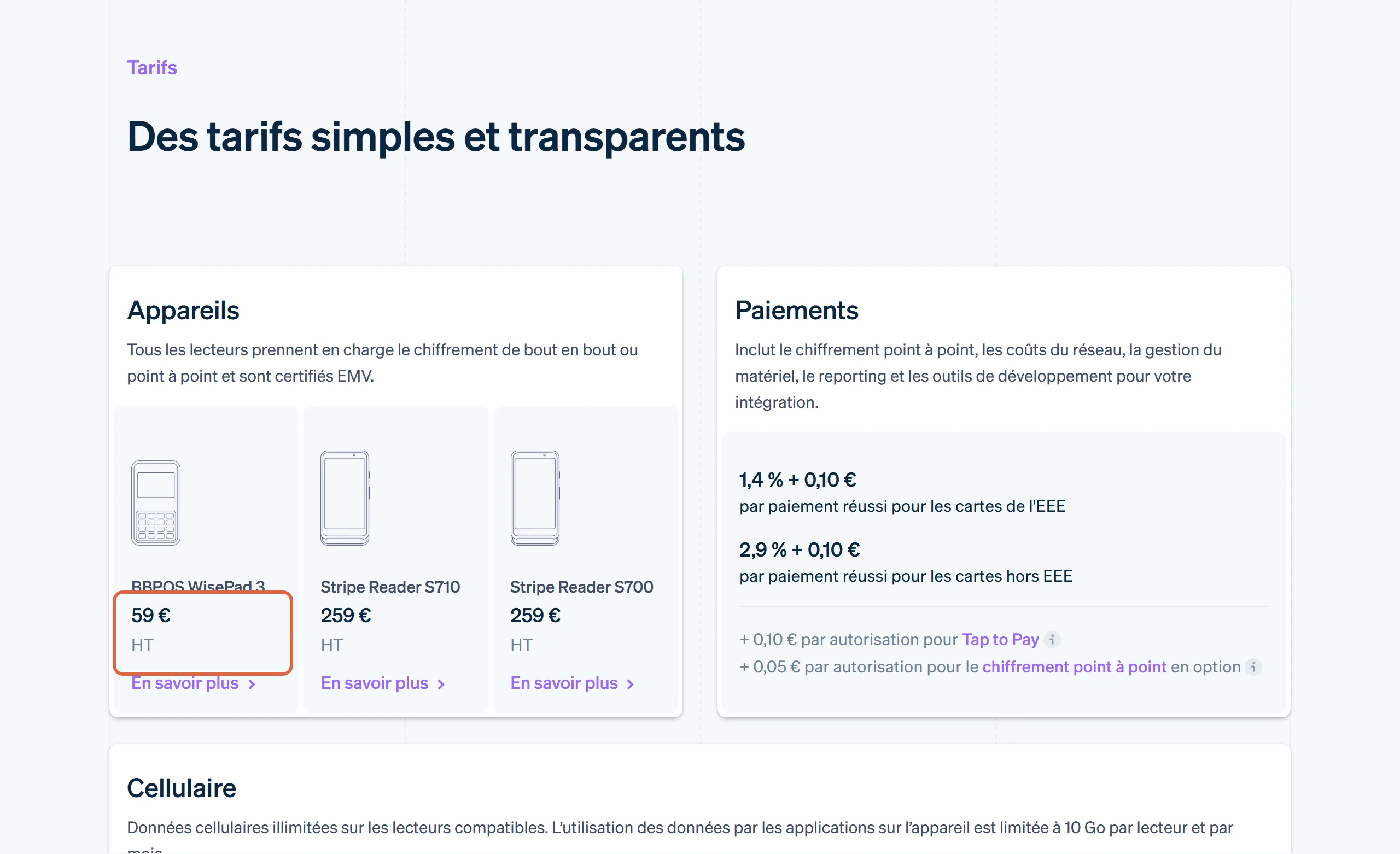 Page Stripe Terminal, section Des tarifs simples et transparents : le prix de 59 € HT du lecteur BBPOS WisePad 3 est encadré, à côté des Stripe Reader S710 et S700 à 259 € HT