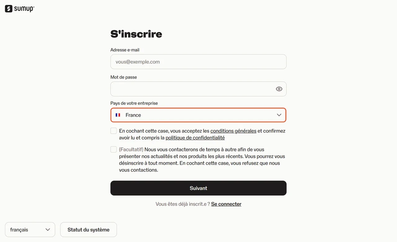 Premier écran de l'inscription à SumUp, S'inscrire, avec les champs Adresse e-mail et Mot de passe, le sélecteur Pays de votre entreprise réglé sur France, encadré, et deux cases à cocher