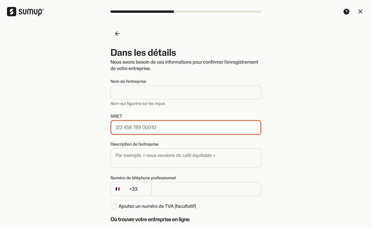 Écran Dans les détails du profil SumUp avec les champs Nom de l'entreprise, SIRET encadré, Description de l'entreprise et Numéro de téléphone professionnel avec l'indicatif +33