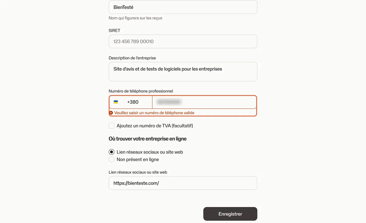 Écran Dans les détails du profil SumUp rempli avec le nom BienTesté ; le champ Numéro de téléphone professionnel à l'indicatif +380 est encadré avec le message d'erreur Veuillez saisir un numéro de téléphone valide
