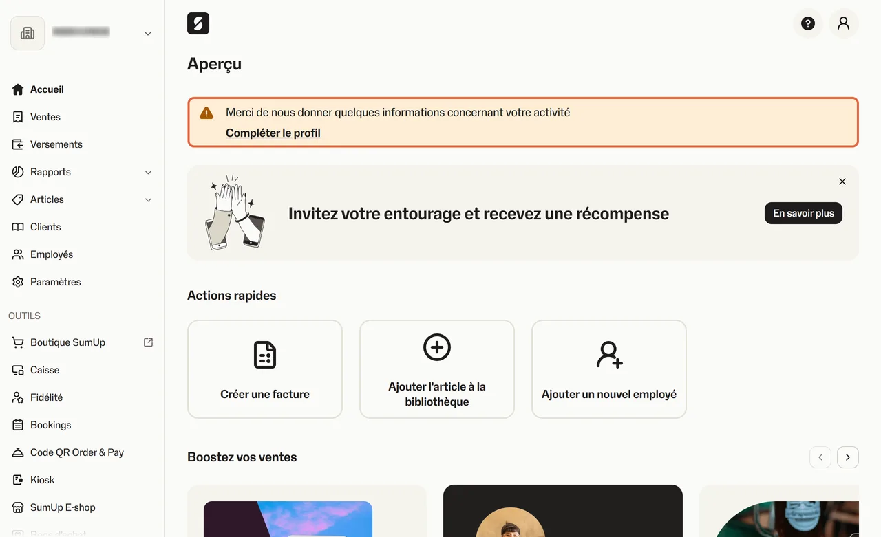 Tableau de bord SumUp, page Aperçu, avec le bandeau encadré Merci de nous donner quelques informations concernant votre activité, Compléter le profil, et les actions rapides Créer une facture, Ajouter un article, Ajouter un employé