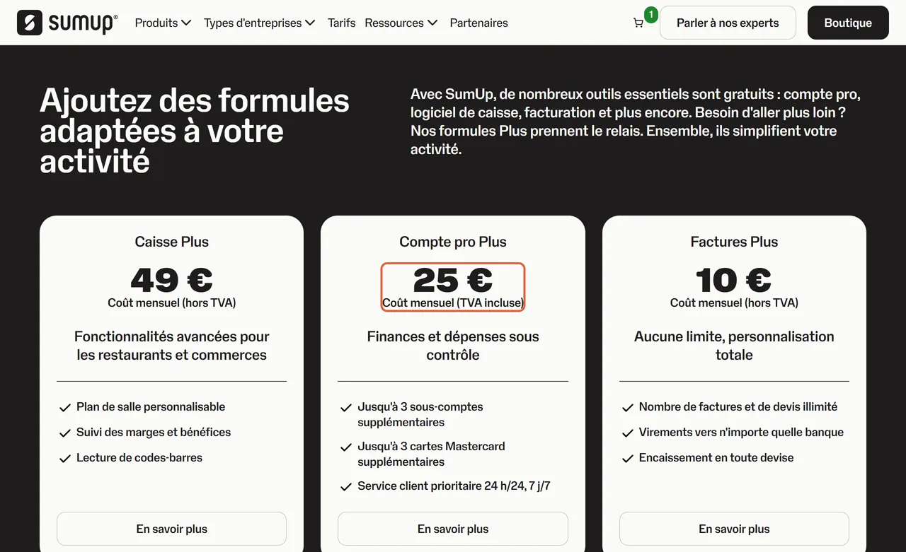 Section Ajoutez des formules adaptées à votre activité de la page des tarifs de SumUp : Caisse Plus à 49 € hors TVA, Compte pro Plus à 25 € TVA incluse, encadré, et Factures Plus à 10 € hors TVA