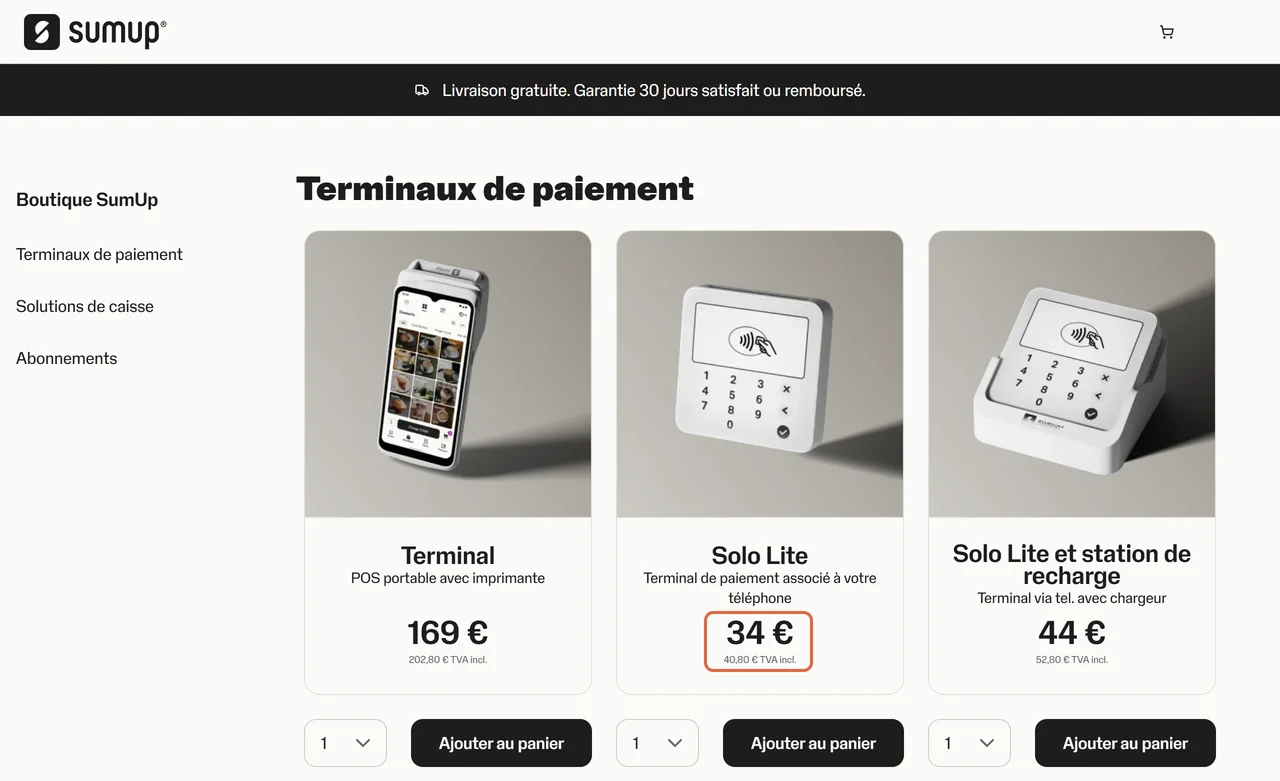 Catalogue de la boutique SumUp : Terminal à 169 €, Solo Lite à 34 € et 40,80 € TVA incluse, encadré, Solo Lite et station de recharge à 44 € ; bandeau Livraison gratuite, garantie 30 jours satisfait ou remboursé