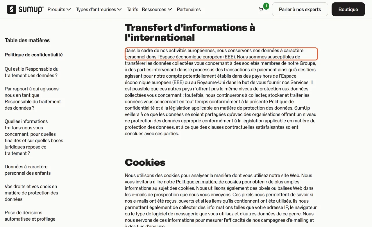 Section Transfert d'informations à l'international de la politique de confidentialité de SumUp ; les premières lignes, encadrées, indiquent que les données sont conservées dans l'Espace économique européen et peuvent être transférées à des tiers hors EEE ou au Royaume-Uni