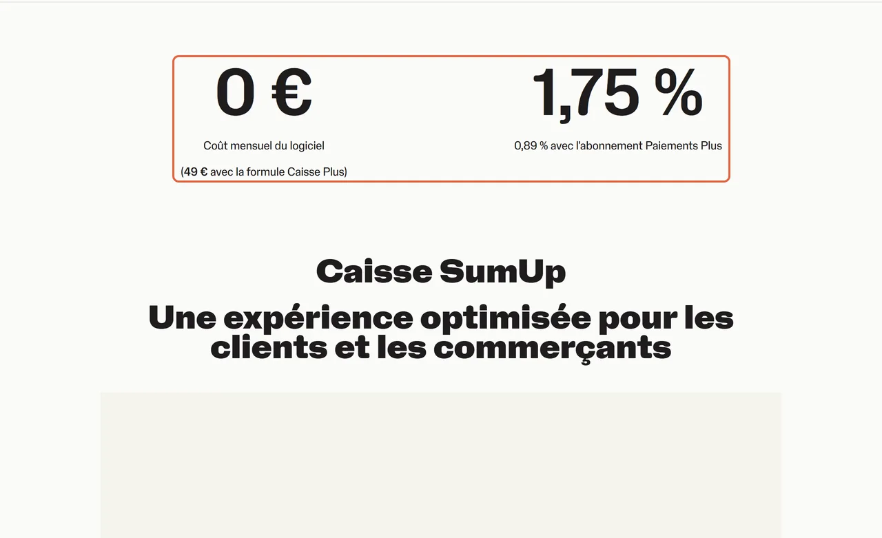 Page de la Caisse SumUp : le coût mensuel du logiciel à 0 €, 49 € avec Caisse Plus, et la commission de 1,75 % sont encadrés