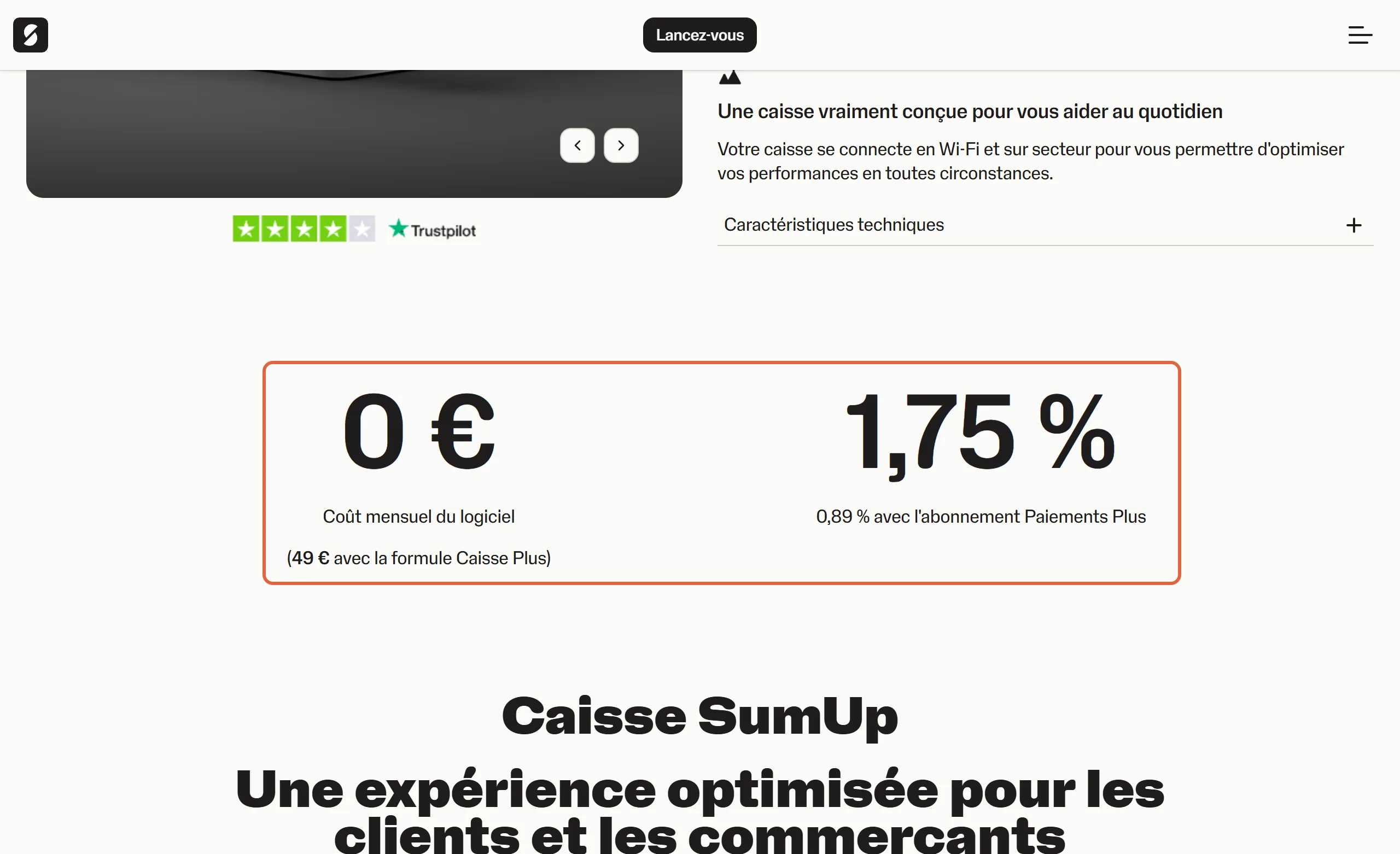 Page Caisse enregistreuse de SumUp : le bloc encadré indique 0 € de coût mensuel du logiciel, 49 € avec la formule Caisse Plus, et 1,75 % de commission par paiement