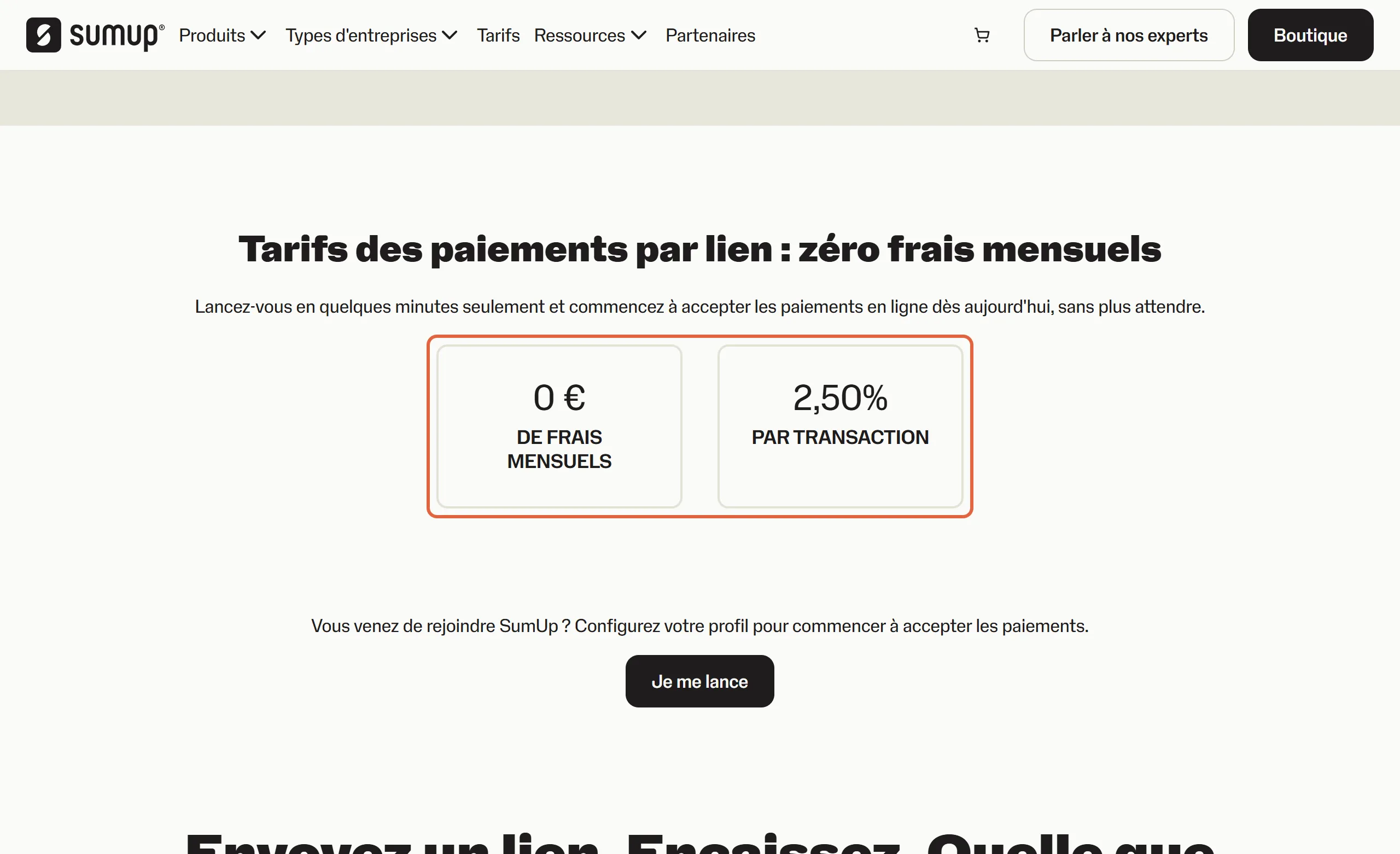 Page des paiements par lien de SumUp : les deux encadrés « 0 € de frais mensuels » et « 2,50 % par transaction » sont mis en évidence