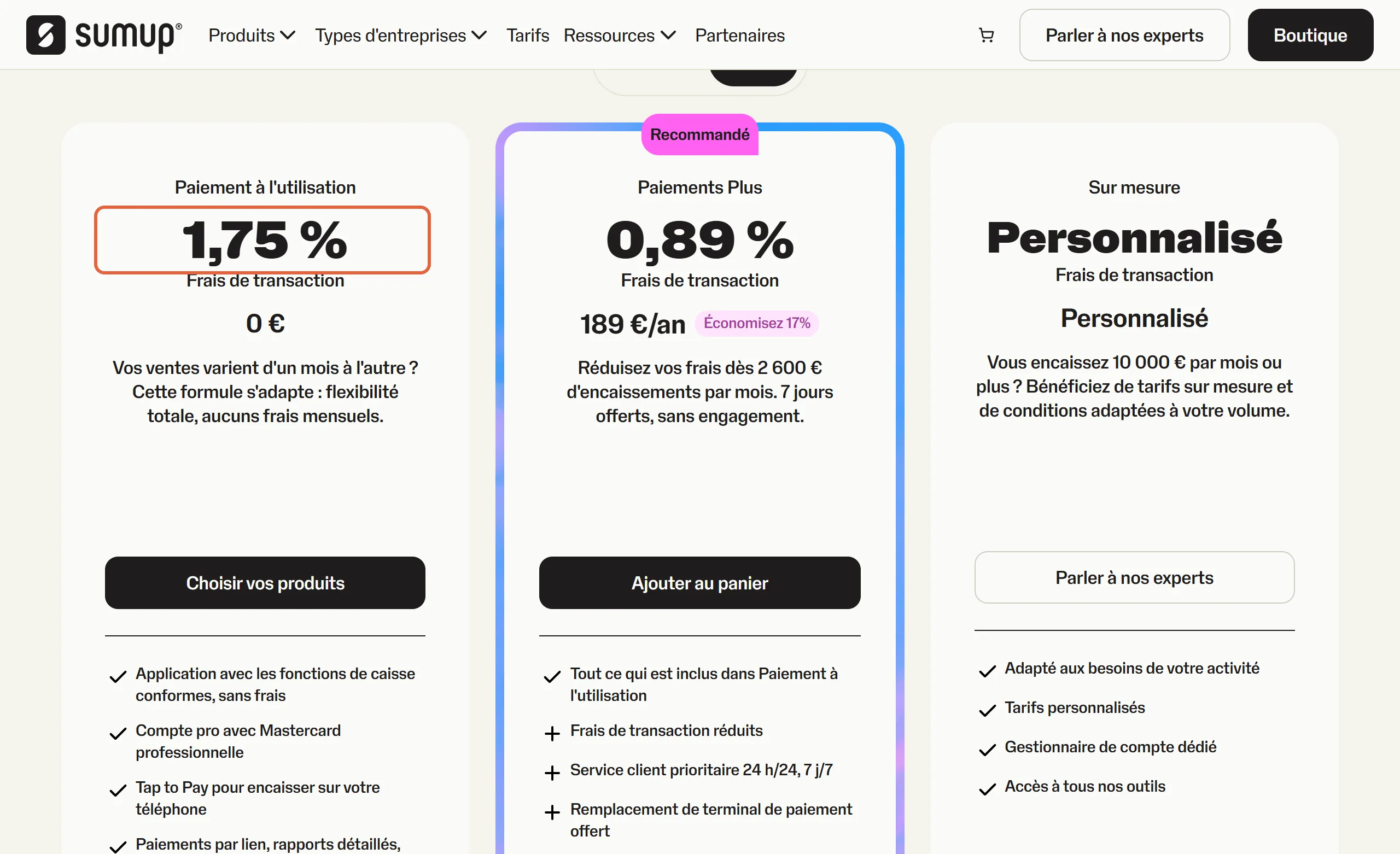 Page des tarifs SumUp : la formule Paiement à l'utilisation, 1,75 % de frais de transaction et 0 € par mois, est encadrée à gauche de Paiements Plus à 0,89 %