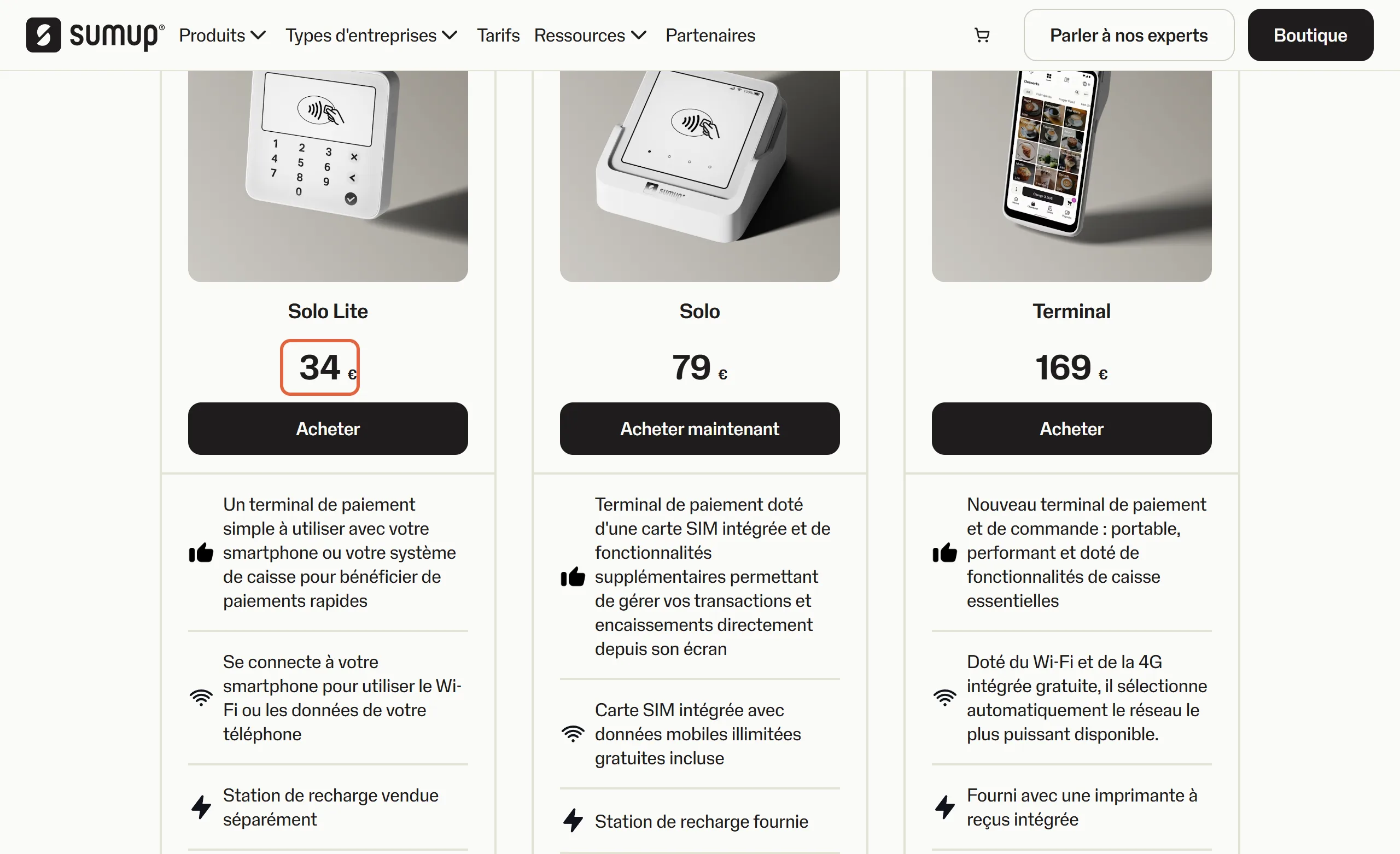 Page des terminaux de carte bancaire SumUp : le prix de 34 € du Solo Lite est encadré, à côté du Solo à 79 € et du Terminal à 169 €