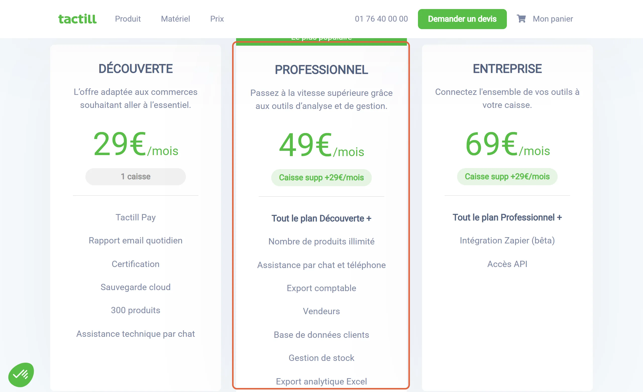 Page de prix de Tactill : la formule Professionnel à 49 € par mois, avec la gestion de stock et la base de données clients, est encadrée entre les formules Découverte et Entreprise