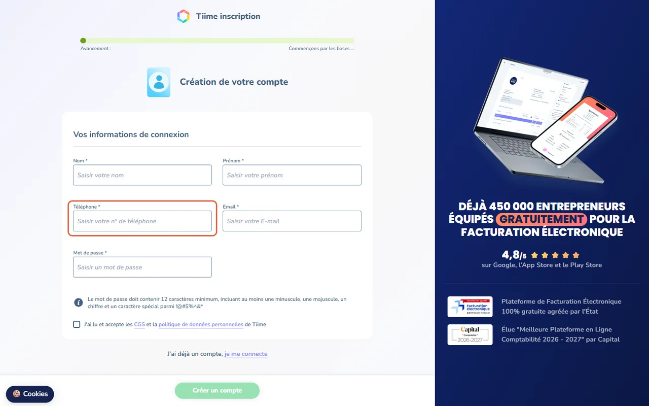 Premier écran de l'inscription à Tiime, Création de votre compte, avec les champs Nom, Prénom, Téléphone, Email et Mot de passe ; le champ Téléphone, obligatoire, est encadré