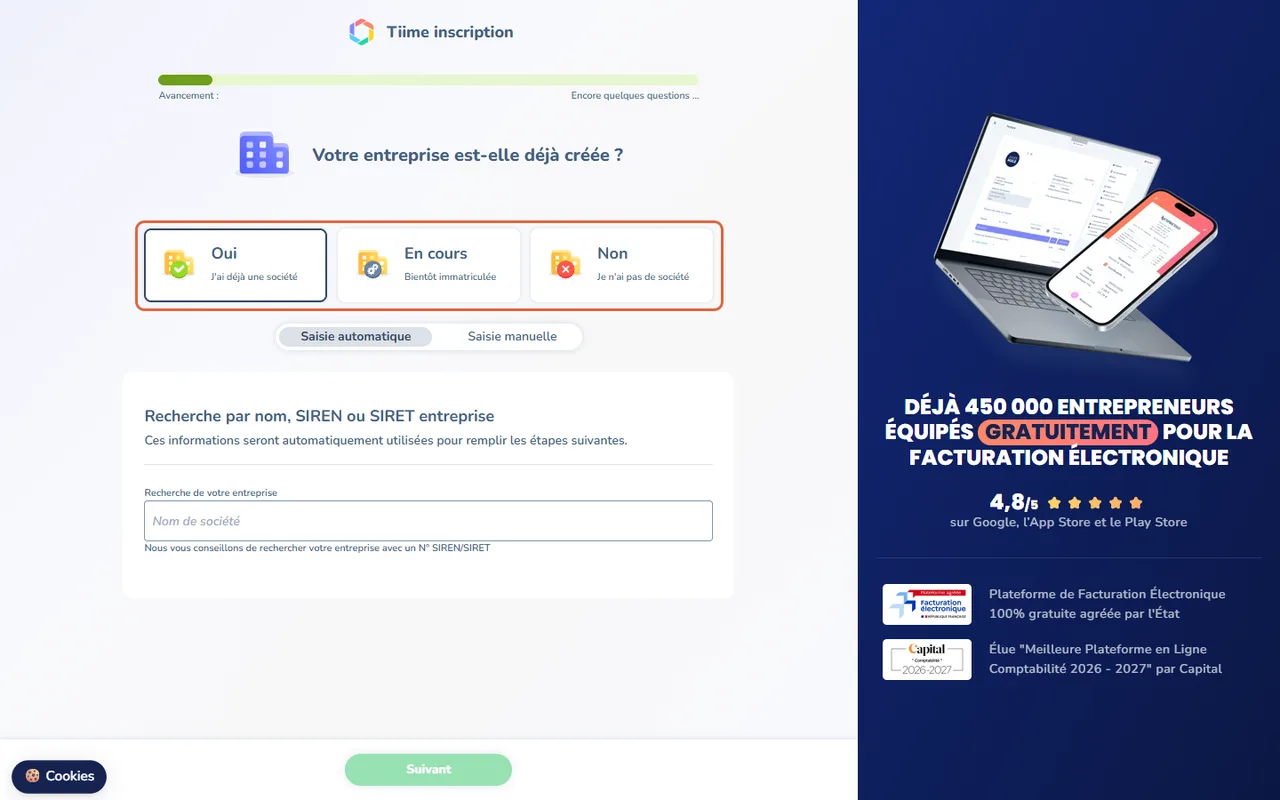 Deuxième écran de l'inscription à Tiime, Votre entreprise est-elle déjà créée, avec les trois réponses encadrées : Oui, j'ai déjà une société ; En cours, bientôt immatriculée ; Non, je n'ai pas de société