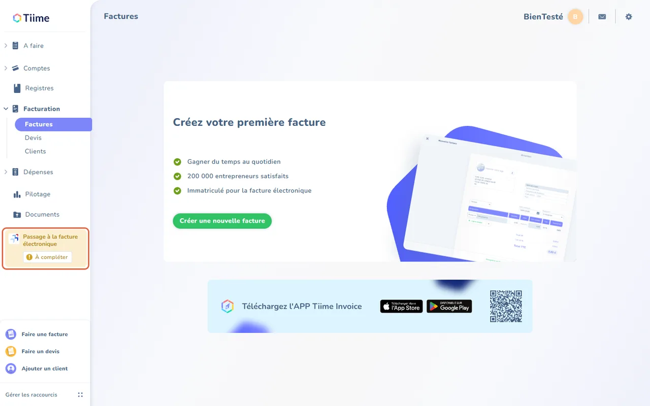 Accueil du compte Tiime gratuit, écran Factures avec le bouton Créer une nouvelle facture ; dans le menu de gauche, le bloc Passage à la facture électronique, À compléter, est encadré