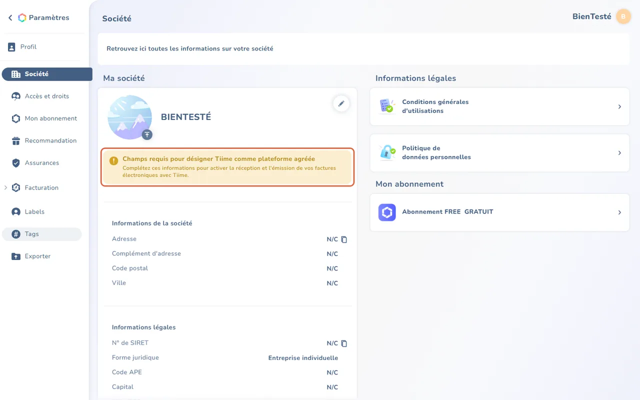 Paramètres de Tiime, page Société, avec le bandeau encadré Champs requis pour désigner Tiime comme plateforme agréée et, dessous, les champs Adresse, Code postal, Ville et N° de SIRET non renseignés