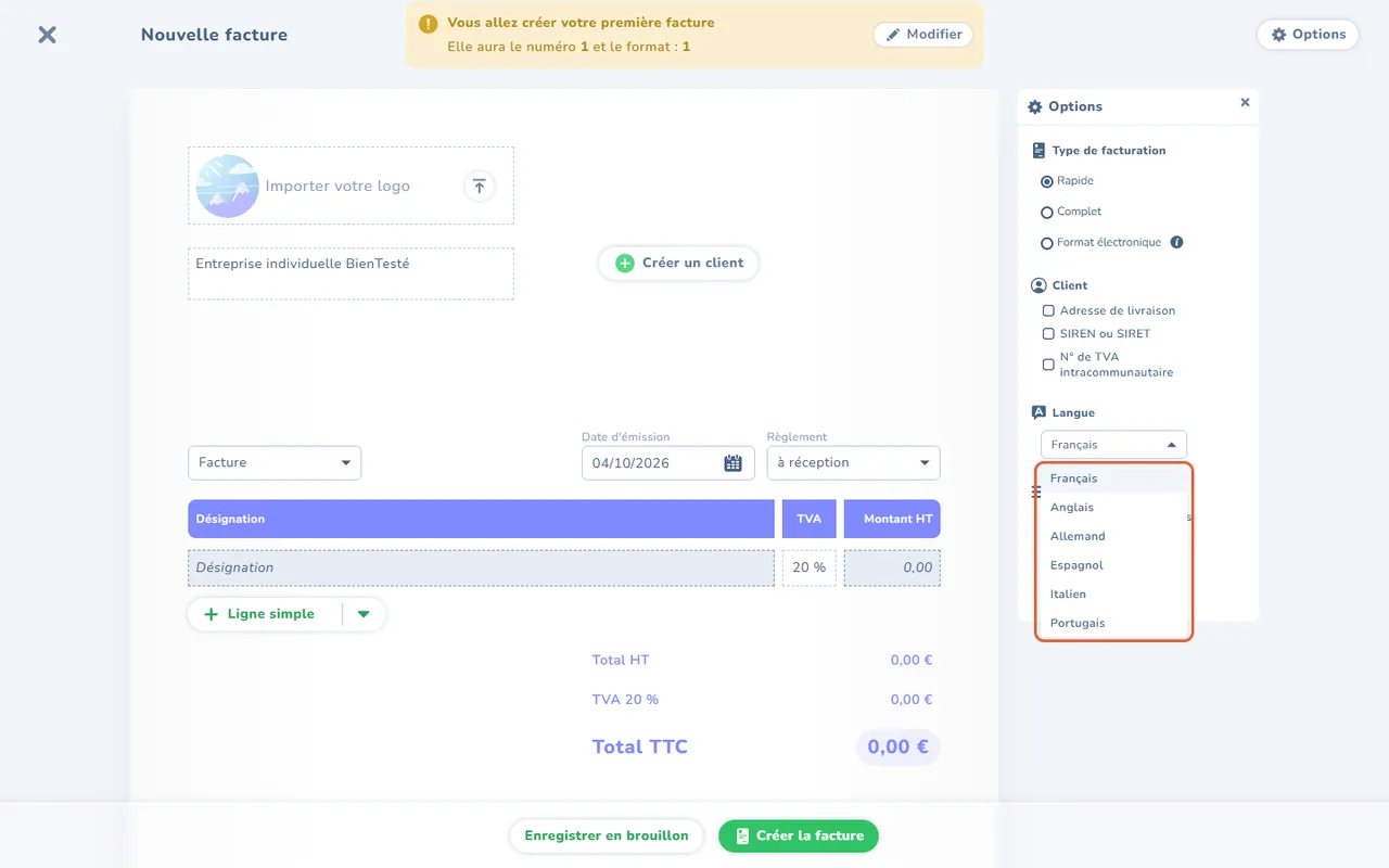 Éditeur de facture de Tiime avec la liste Langue du panneau Options déroulée et encadrée : Français, Anglais, Allemand, Espagnol, Italien, Portugais