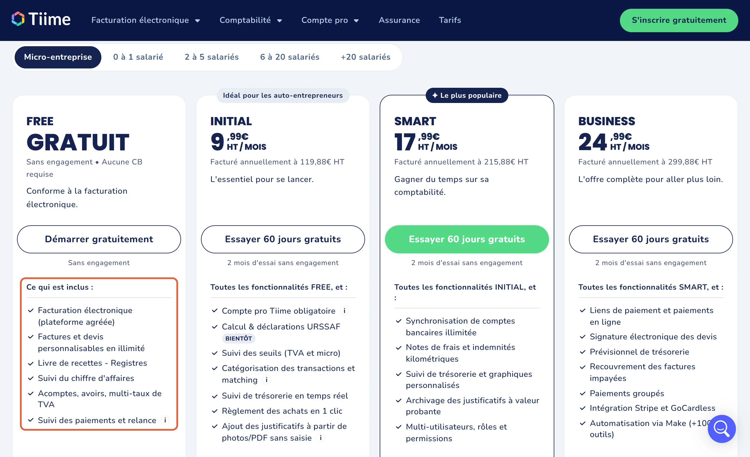 Page de tarifs de Tiime, onglet Micro-entreprise, avec les formules Free, Initial, Smart et Business : la liste de ce qui est inclus dans la formule Free est encadrée