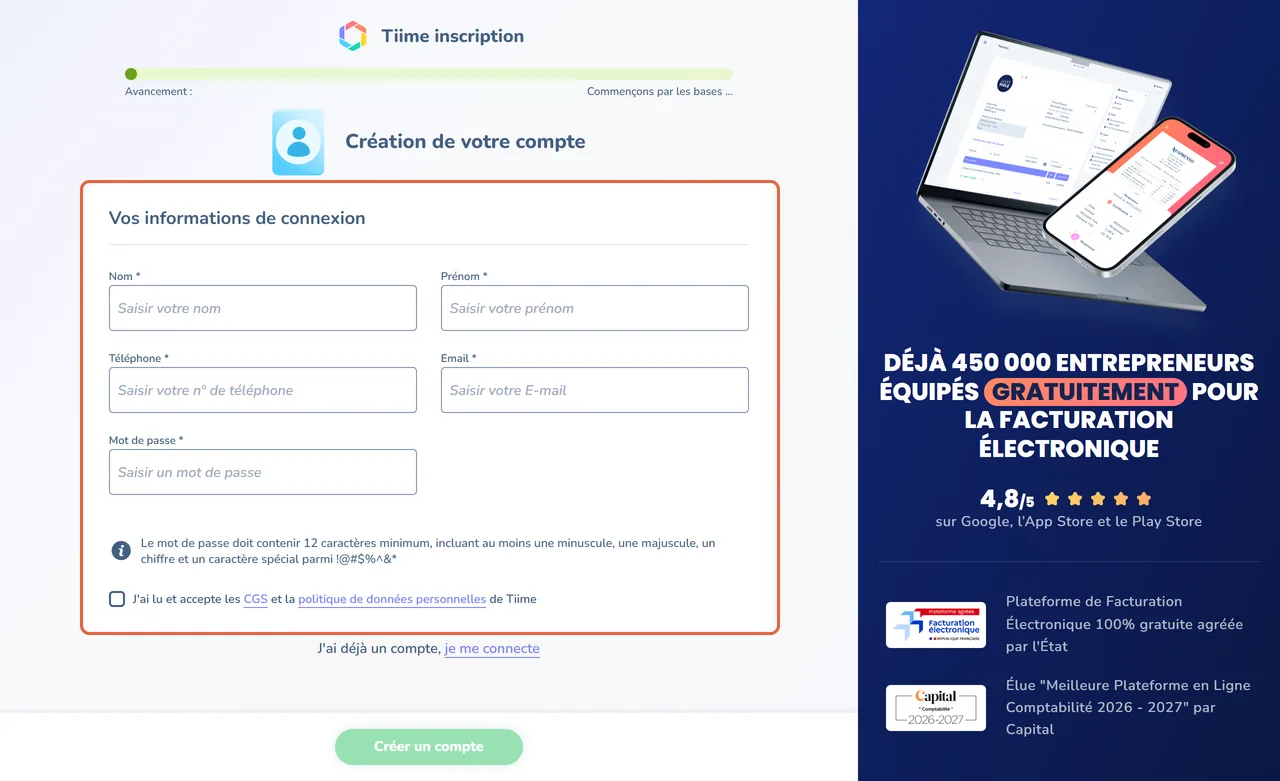 Formulaire de création de compte de Tiime avec cinq champs obligatoires : nom, prénom, téléphone, e-mail et mot de passe