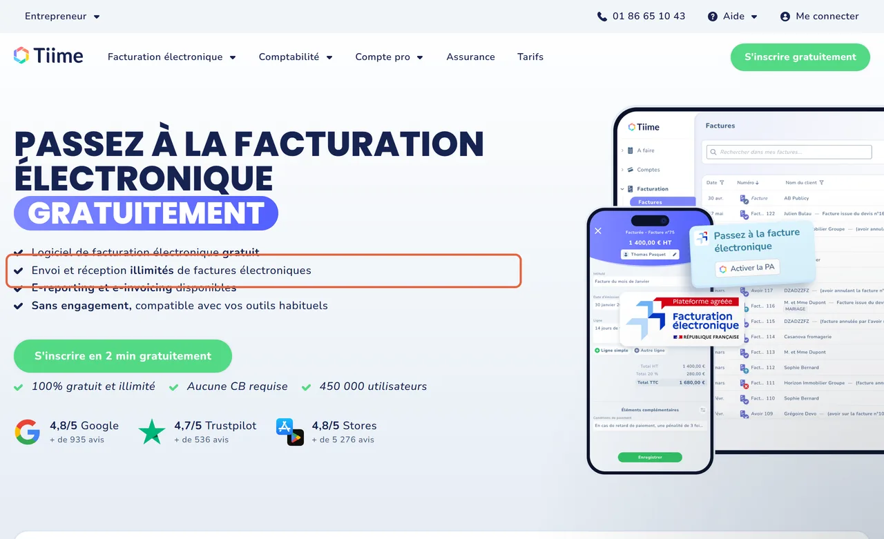 Page « facturation électronique » de Tiime : la ligne Envoi et réception illimités de factures électroniques est encadrée, sous le titre Passez à la facturation électronique gratuitement